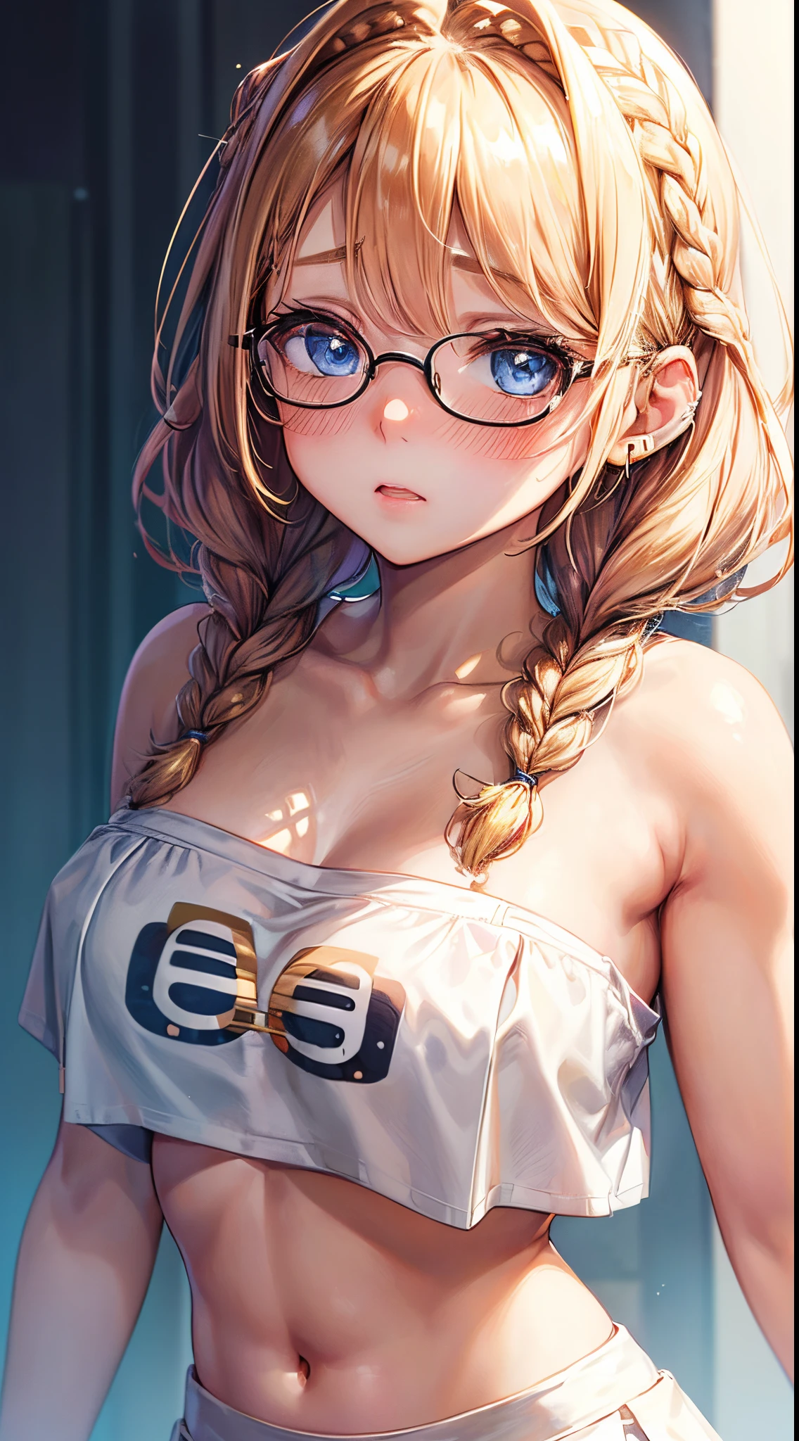 1womanl,Golden head hair, ,((Impatient expression)),Beautiful breasts,((white tube top t-shirt,a short skirt)),well-styled,,(Facing the front)(((Blushing cheeks、Surprised look)),(((Braids))),((( Upper body portrait)))Frameless glasses,Blue eyes,(((Bangs are aligned)))(())