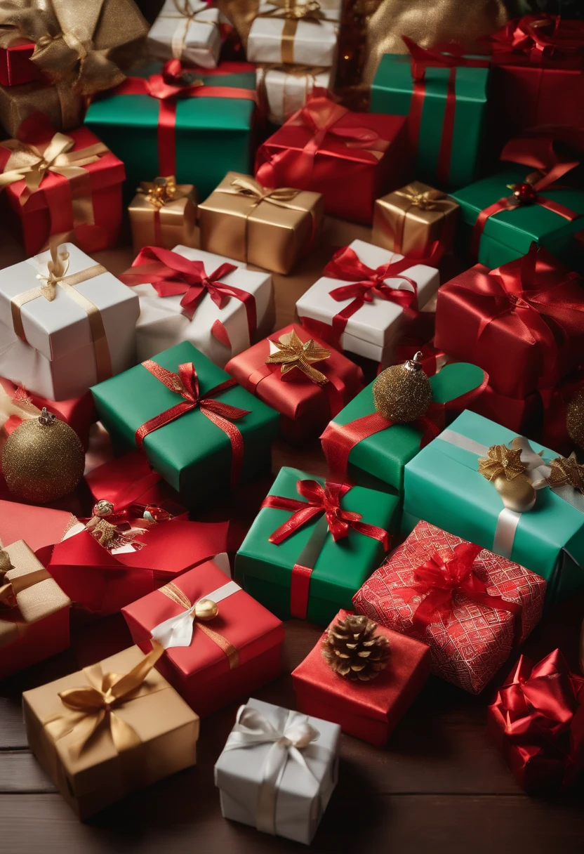 Capture a wide-angle shot of a variety of blank mockup Christmas gifts neatly arranged on a table, offering a range of options for customization