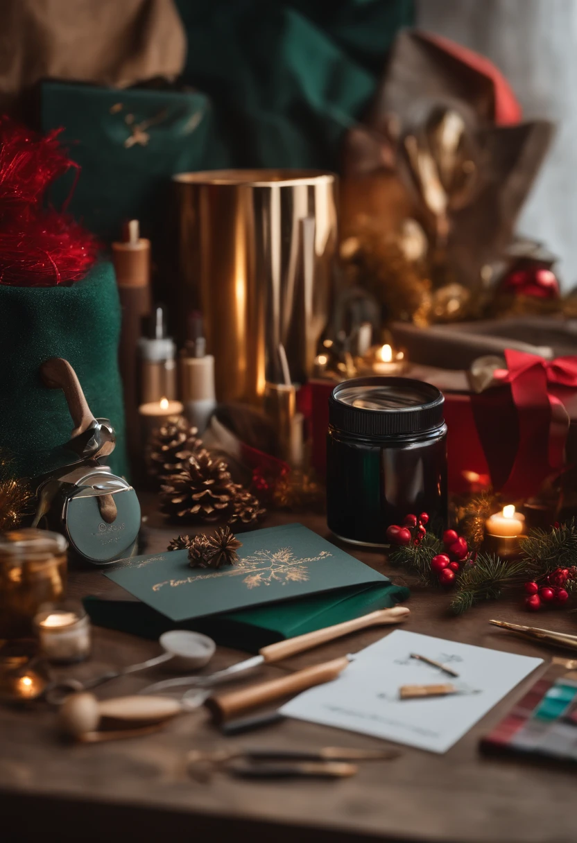 Capture a mockup of a blank Christmas gift surrounded by art supplies and tools, suggesting the endless possibilities for customization