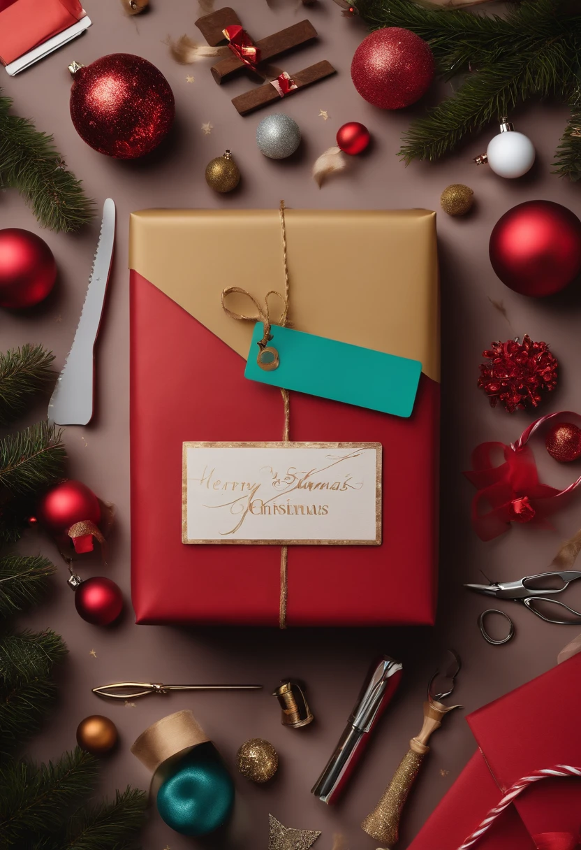 Capture a mockup of a blank Christmas gift surrounded by art supplies and tools, suggesting the endless possibilities for customization
