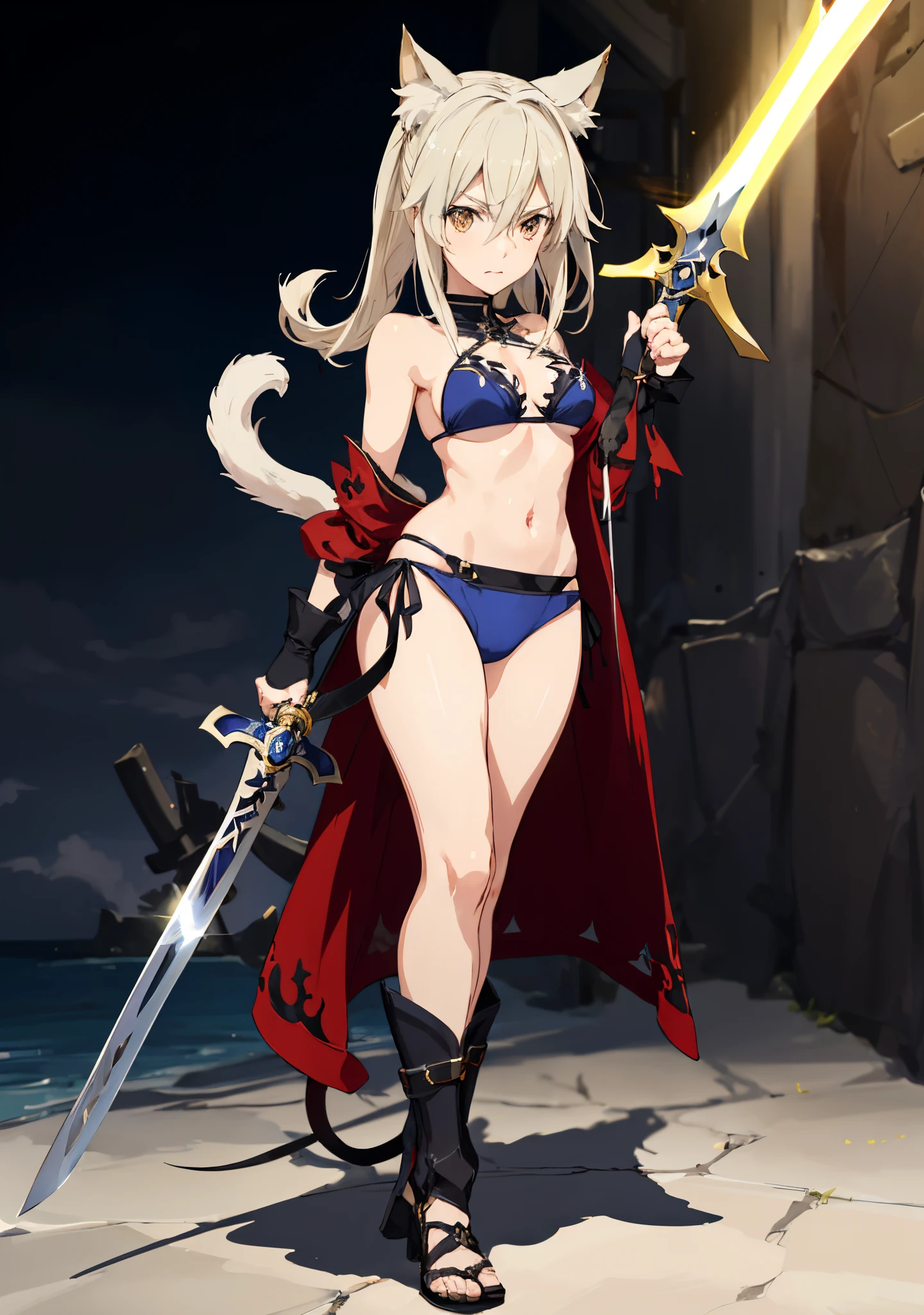 anime character with sword and cat ears in bikini, she is holding a sword, Artoria Pendragon, com espada grande, posando com uma espada, Cushart Kenz, estilo de arte guilty gear, segurando uma espada em seu ombro, full body commission for, estilo anime konosuba, estilo anime como destino/noite de estadia, sfw version, segura uma espada