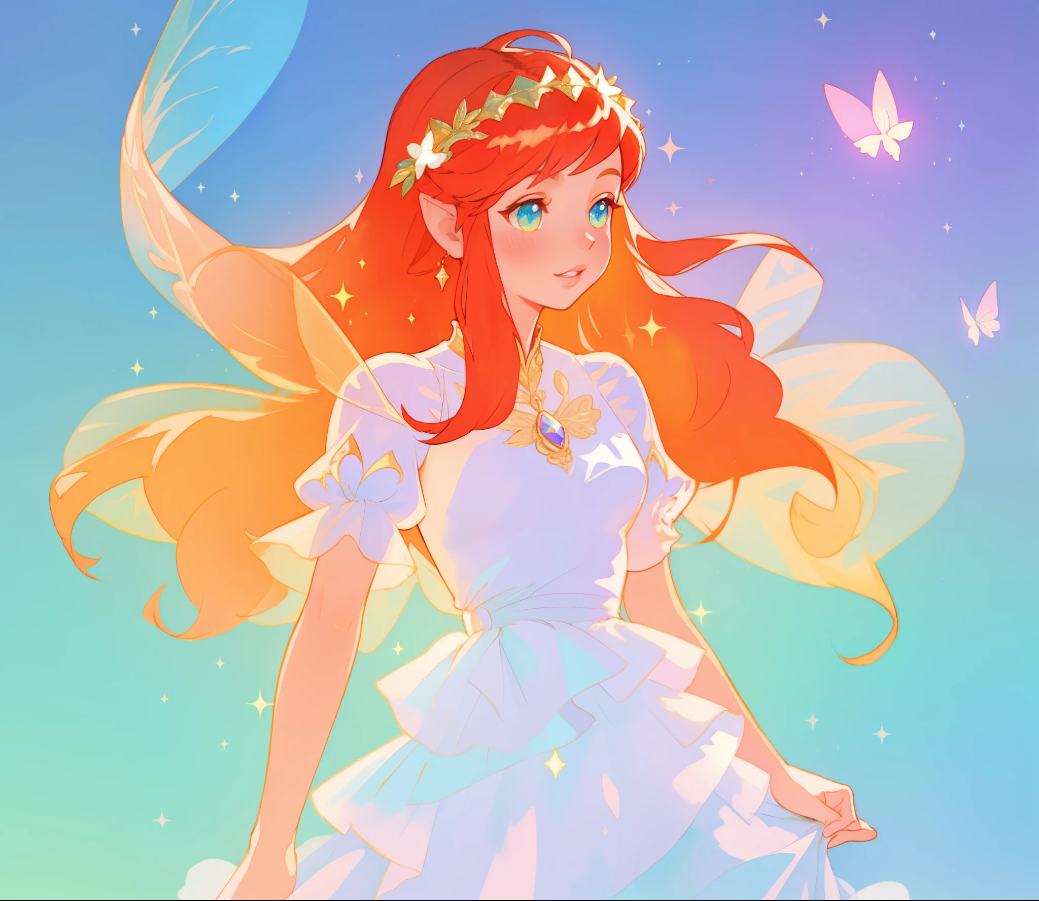 beautiful fairy girl in sparkling white layered dress, puffy flowing dress, sheer fluttering sleeves, ((sparkling sheer layered fairy dress)), long red gold hair, colorful fantasia background, delicate white flowers, watercolor illustration, beautiful, masterpiece, best quality, vibrant pastel colors, colorful, vibrant, sharp focus, highly detailed, intricate details, golden ratio, perfect composition, 8k resolution, perfect, (golden ratio)