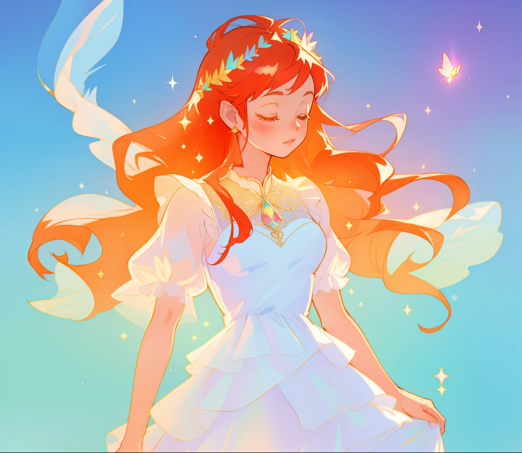 beautiful fairy girl in sparkling white layered dress, puffy flowing dress, sheer fluttering sleeves, ((sparkling sheer layered fairy dress)), long red gold hair, colorful fantasia background, delicate white flowers, watercolor illustration, beautiful, masterpiece, best quality, vibrant pastel colors, colorful, vibrant, sharp focus, highly detailed, intricate details, golden ratio, perfect composition, 8k resolution, perfect, (golden ratio)