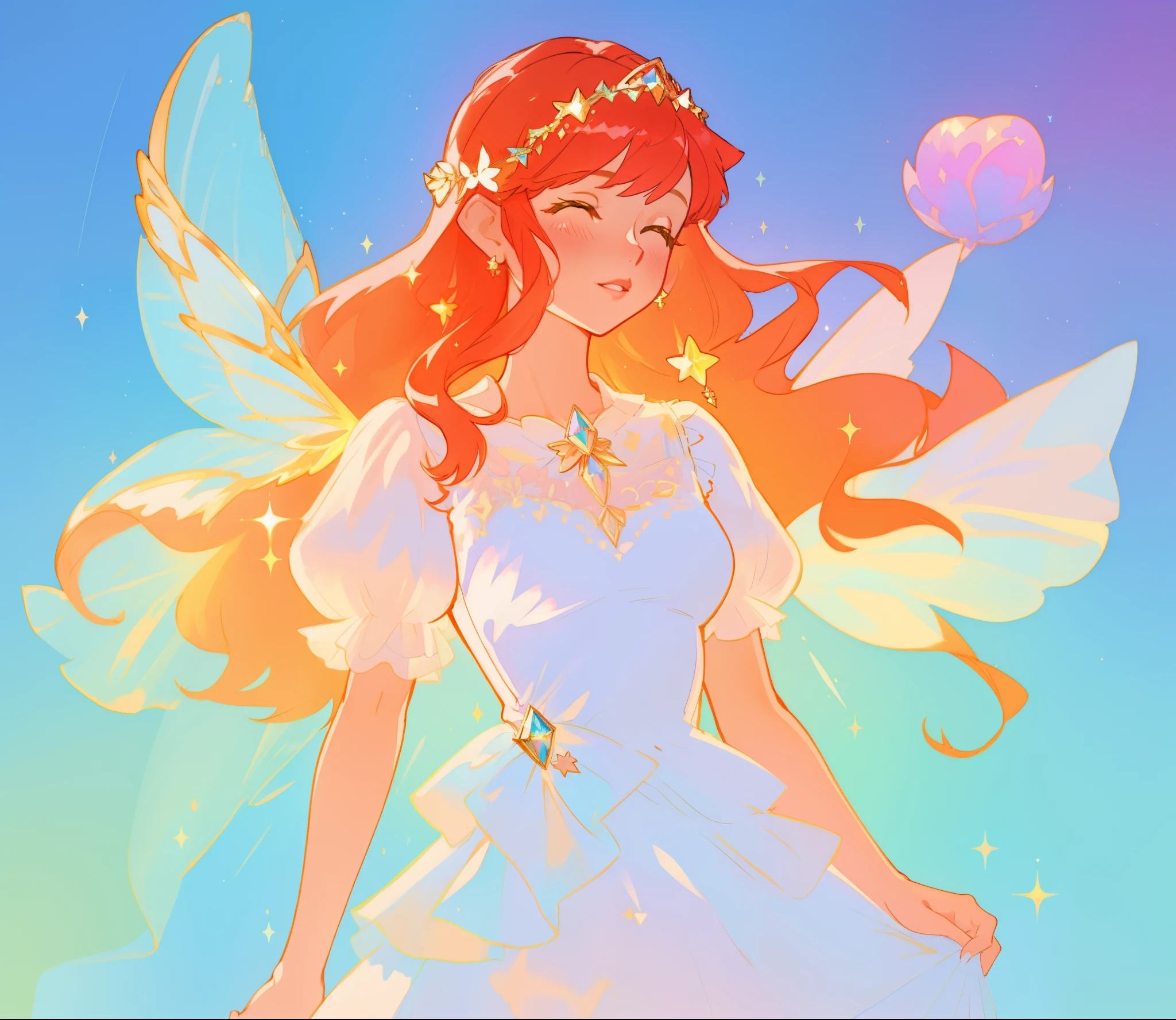 beautiful fairy girl in sparkling white layered dress, puffy flowing dress, sheer fluttering sleeves, ((sparkling sheer layered fairy dress)), long red gold hair, colorful fantasia background, delicate white flowers, watercolor illustration, beautiful, masterpiece, best quality, vibrant pastel colors, colorful, vibrant, sharp focus, highly detailed, intricate details, golden ratio, perfect composition, 8k resolution, perfect, (golden ratio)