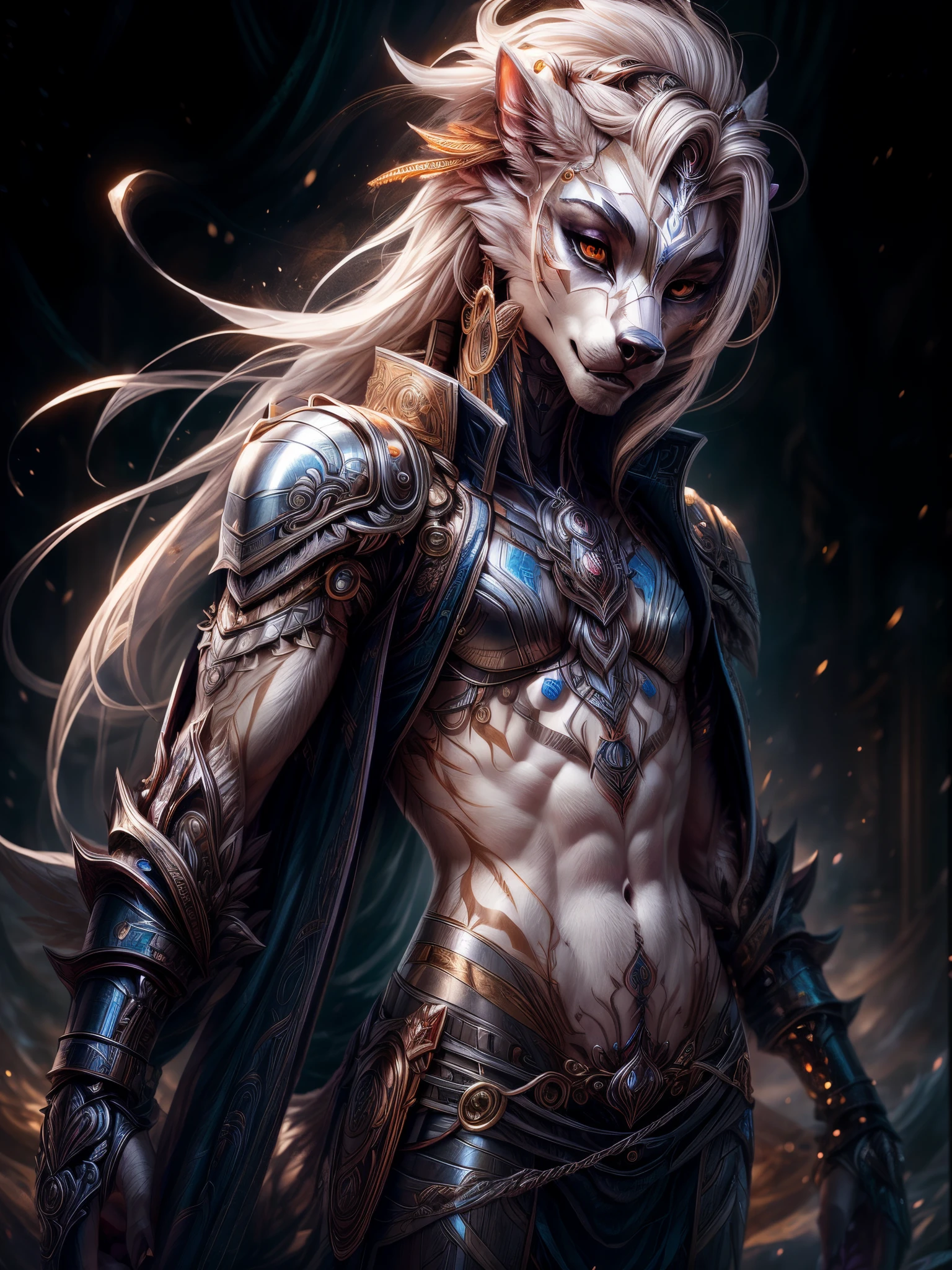 An epic and visually stunning digital artwork featuring a mid-30's feminine male dire wolf furry with an angular feminine facial structure and a flat masculine chest, fur a beautiful pure white. The character is adorned in a light armored mechanical trench coat with engraved knight plating on the arms and shoulders, wearing eyeshadow for added intrigue. The image showcases the beauty and elegance of the character, capturing their flamboyant essence. The character has bright piercing beautifully rendered orange eyes that stand out against their lovely white fur. The character also possesses androgynous features, with slim yet heavily muscled physique, sylphlike with a beautiful feminine waist and toned arms, adding to their unique appearance.