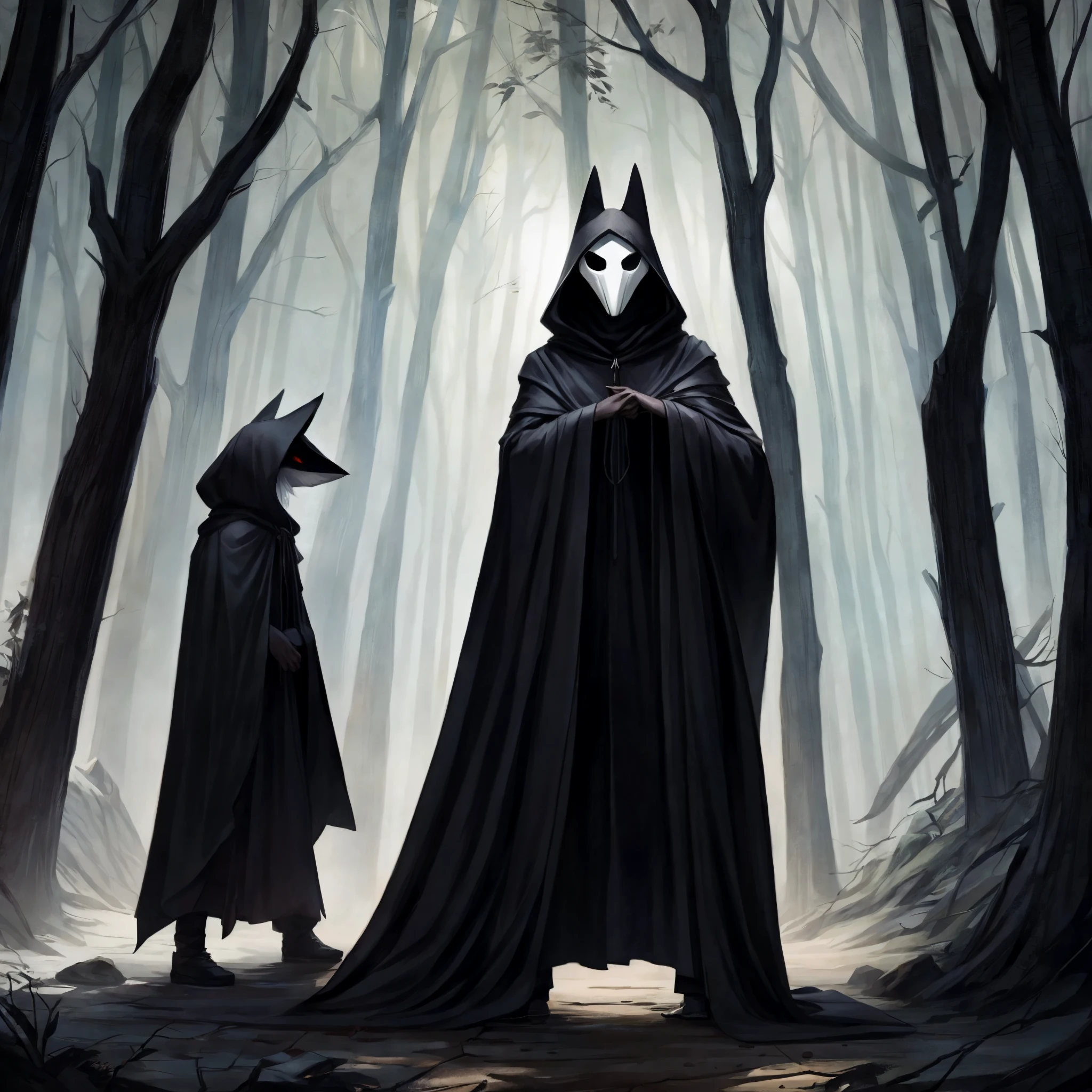 Hooded fox woman wearing a black cloak, cultists, white mask, dark forest, by bebebebebe