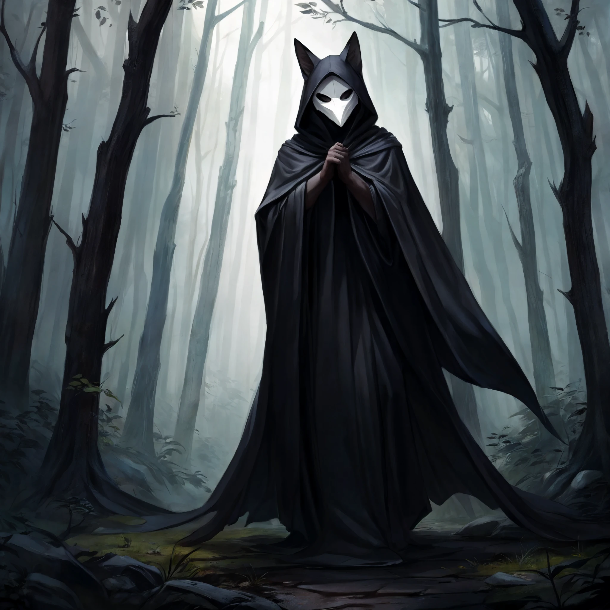Hooded fox woman wearing a black cloak, cultists, white mask, dark forest, by bebebebebe