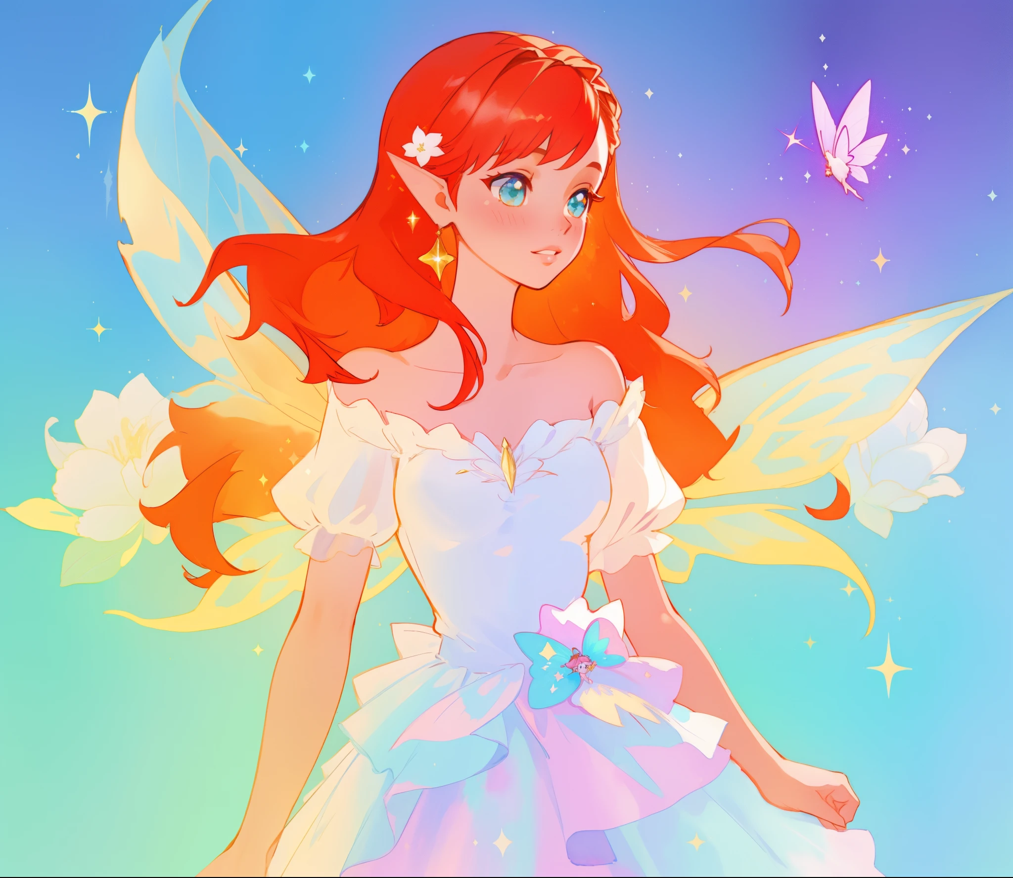 beautiful fairy girl in sparkling white layered dress, puffy flowing dress, sheer fluttering sleeves, ((sparkling sheer layered fairy dress)), long red gold hair, colorful fantasia background, delicate white flowers, watercolor illustration, beautiful, masterpiece, best quality, vibrant pastel colors, colorful, vibrant, sharp focus, highly detailed, intricate details, golden ratio, perfect composition, 8k resolution, perfect, (golden ratio)