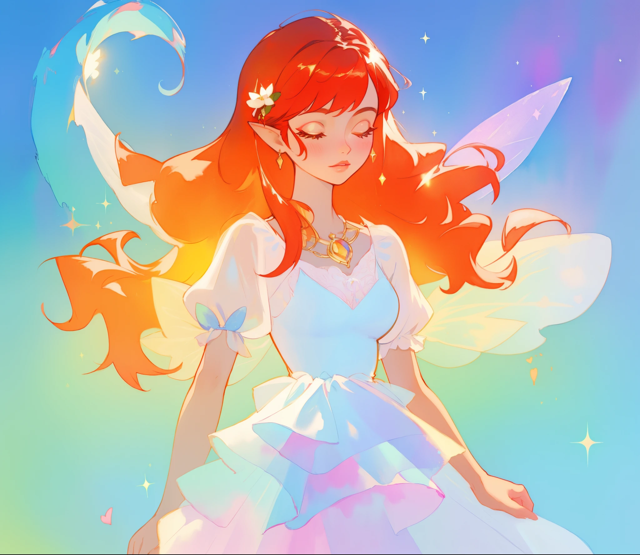 beautiful fairy girl in sparkling white layered dress, puffy flowing dress, sheer fluttering sleeves, ((sparkling sheer layered fairy dress)), long red gold hair, colorful fantasia background, delicate white flowers, watercolor illustration, beautiful, masterpiece, best quality, vibrant pastel colors, colorful, vibrant, sharp focus, highly detailed, intricate details, golden ratio, perfect composition, 8k resolution, perfect, (golden ratio)