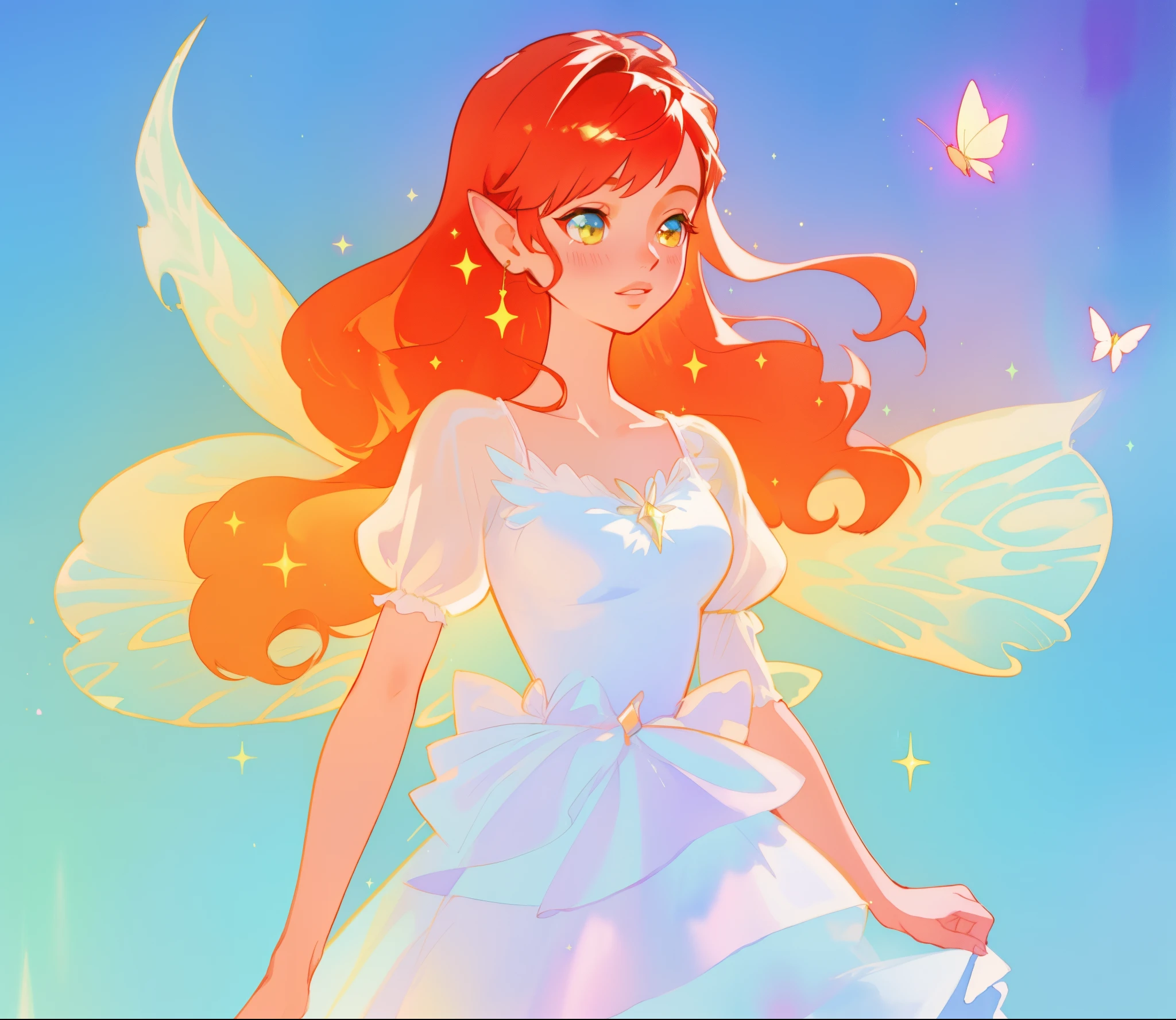 beautiful fairy girl in sparkling white layered dress, puffy flowing dress, sheer fluttering sleeves, ((sparkling sheer layered fairy dress)), long red gold hair, colorful fantasia background, delicate white flowers, watercolor illustration, beautiful, masterpiece, best quality, vibrant pastel colors, colorful, vibrant, sharp focus, highly detailed, intricate details, golden ratio, perfect composition, 8k resolution, perfect, (golden ratio)