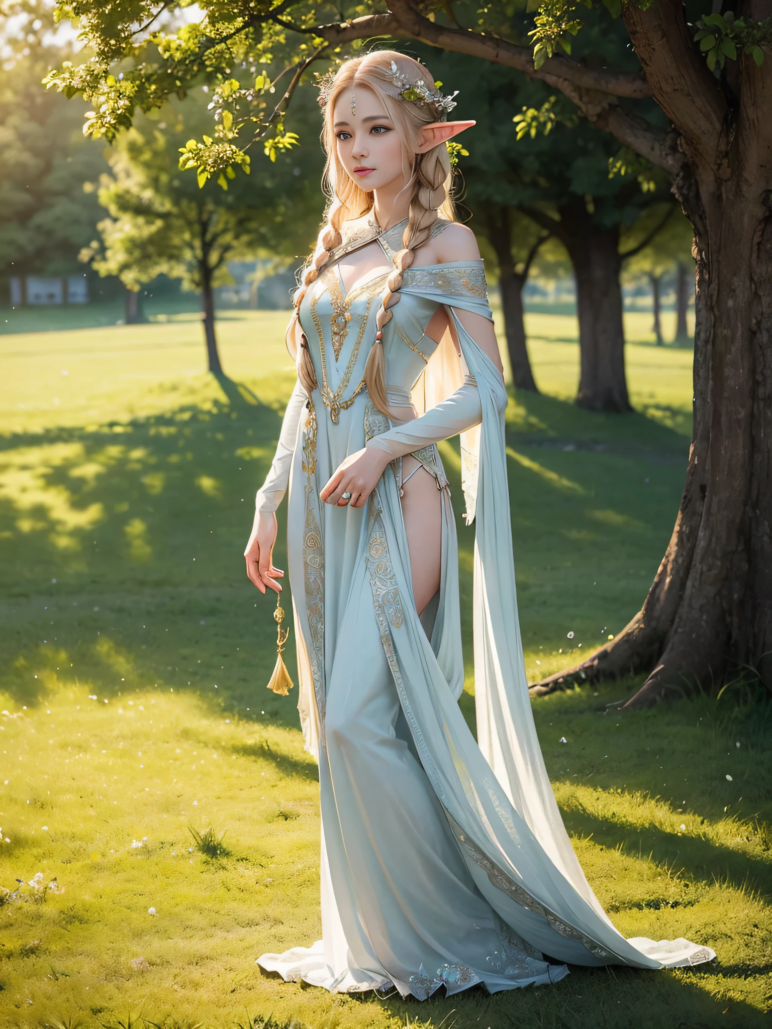 Graceful elven girl standing in meadow, Delicate face illuminated by the soft light of the setting sun. Her long, Flowing hair runs down your back, Decorated with intricate braids、Adorned with sparkling gemstones. This great photo is、、、It captures the ethereal beauty of elves. Slender figure in silk dress、Swaying in the soft steppe breeze. Attention to detail、Face that is、Face that is、Face that is、It is evident in the intricate patterns of the dress and the subtle highlights of the luminescence. skin. The breathtaking portrayal of the elven girl is、、、、Create an enchanting atmosphere、It invites the viewer to a magical world.
