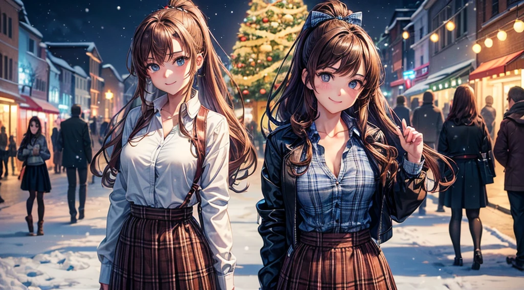 1girl, solo, full body, christmas, ((christmas tree)), street, night, lights, snow, long hair, brown hair, curly hair, ponytail, large breasts, button down, ((opened brown zipper jacket)), dark blue eyes, ((blue shirt)), ((checked shirt)), ((unbuttoned shirt)), ((long skirt)), smile, looking at the viewer, standing, hair ribbon