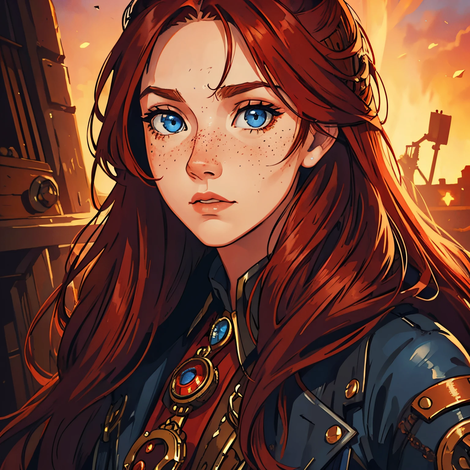 (red long hair woman,blue eyed,steampunk clothing,close-up of the face),(portraits,illustration),(detailed facial features,distinctive freckles),best quality,ultra-detailed,realistic,rich colors,warm tones,soft lighting