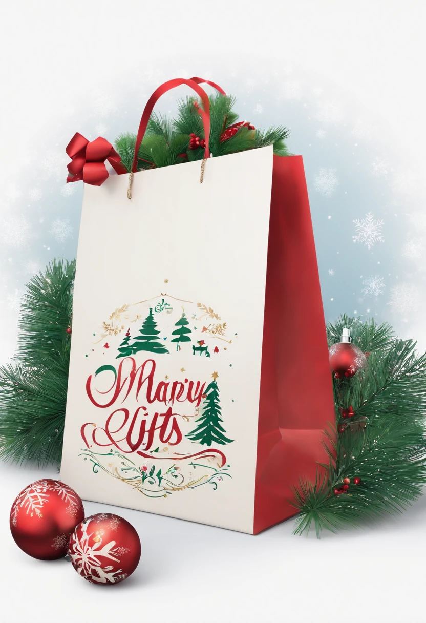 Capture a low-angle shot of a blank mockup Christmas gift bag, emphasizing its potential for custom artwork and designs.