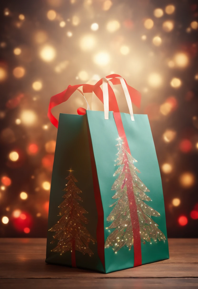Capture a low-angle shot of a blank mockup Christmas gift bag, emphasizing its potential for custom artwork and designs.