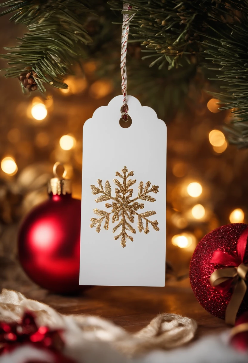 Capture a detail shot of a blank mockup Christmas gift tag, highlighting its size, shape, and texture for custom designs and messages