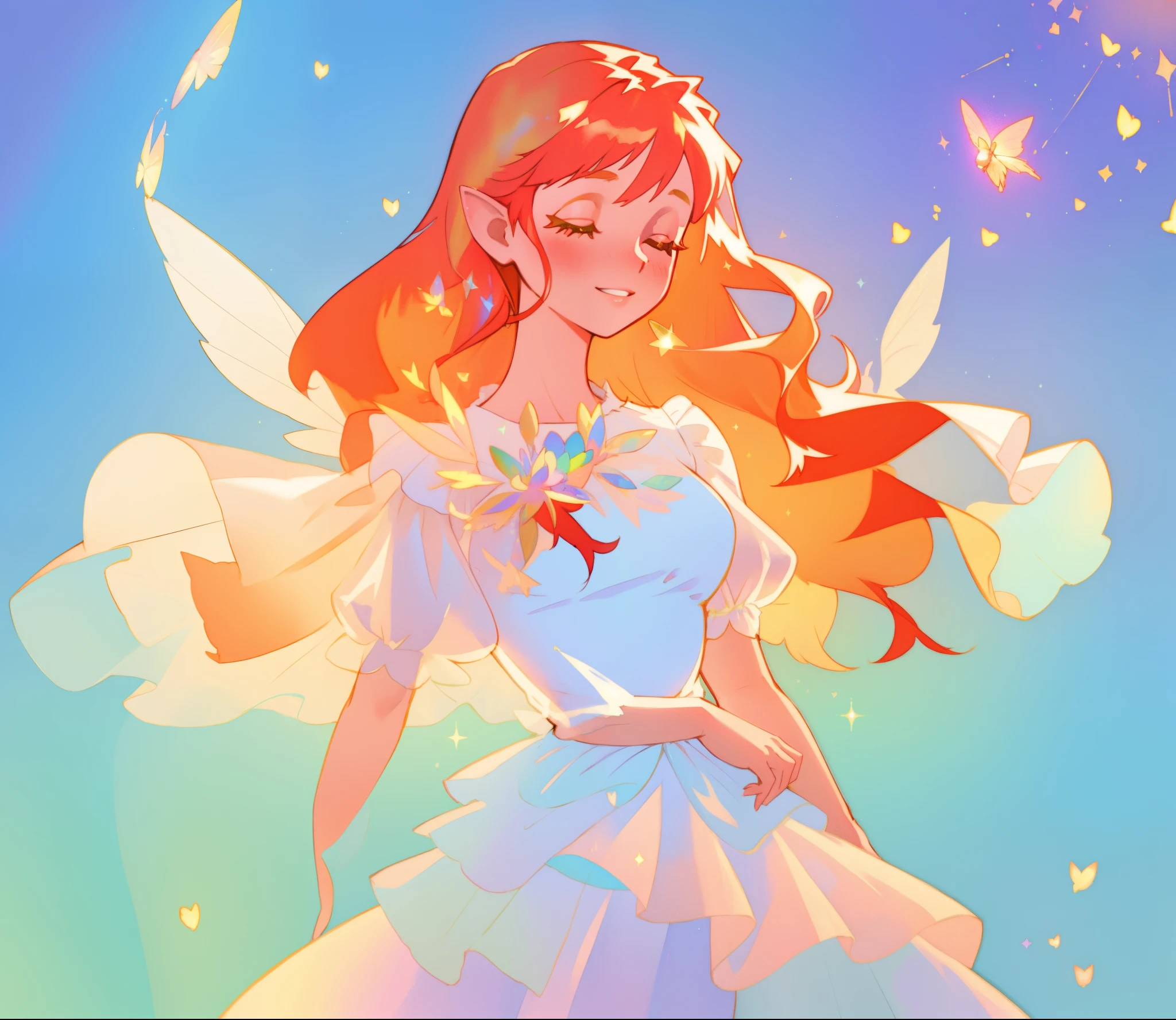 beautiful fairy girl in sparkling white layered dress, puffy flowing dress, sheer fluttering sleeves, ((sparkling sheer layered fairy dress)), long red gold hair, colorful fantasia background, delicate white flowers, watercolor illustration, beautiful, masterpiece, best quality, vibrant pastel colors, colorful, vibrant, sharp focus, highly detailed, intricate details, golden ratio, perfect composition, 8k resolution, perfect, (golden ratio)