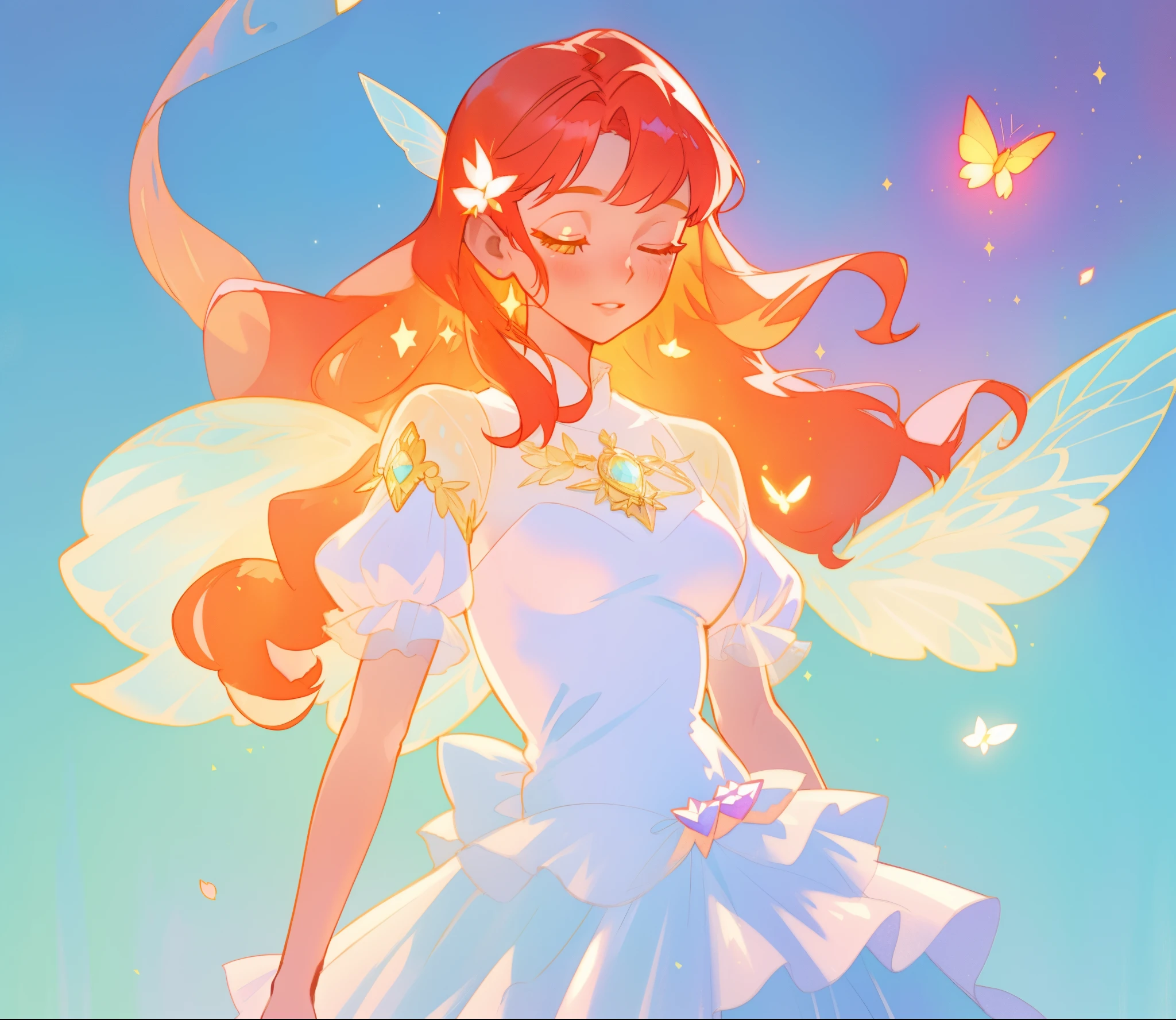 beautiful fairy girl in sparkling white layered dress, puffy flowing dress, sheer fluttering sleeves, ((sparkling sheer layered fairy dress)), long red gold hair, colorful fantasia background, delicate white flowers, watercolor illustration, beautiful, masterpiece, best quality, vibrant pastel colors, colorful, vibrant, sharp focus, highly detailed, intricate details, golden ratio, perfect composition, 8k resolution, perfect, (golden ratio)