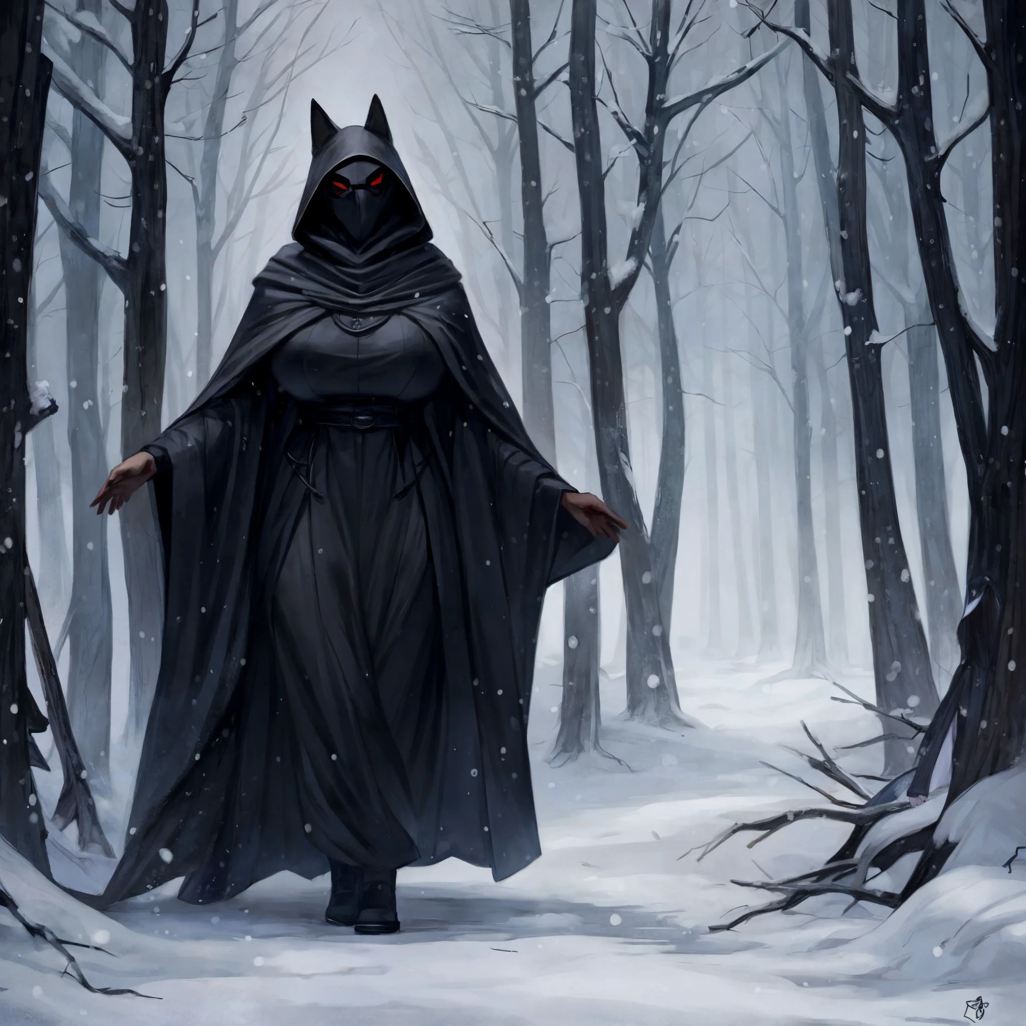 Hooded fox woman wearing a black cloak, cultists, white dog mask, dark forest, by bebebebebe, big breasts, snowy forest, overcast