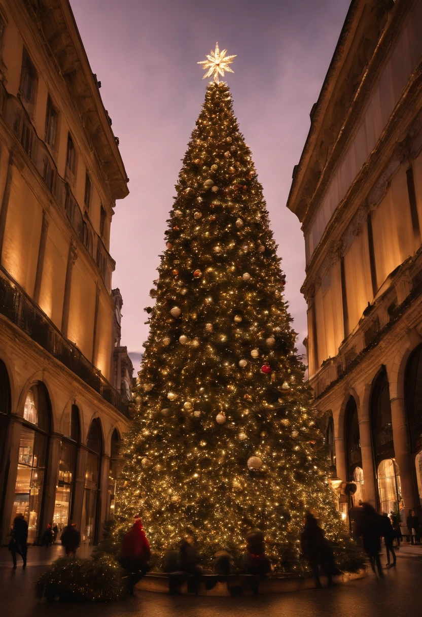 Capture a wide-angle shot of a towering outdoor Christmas tree in a city square, displaying its grandeur and illuminating the surrounding area