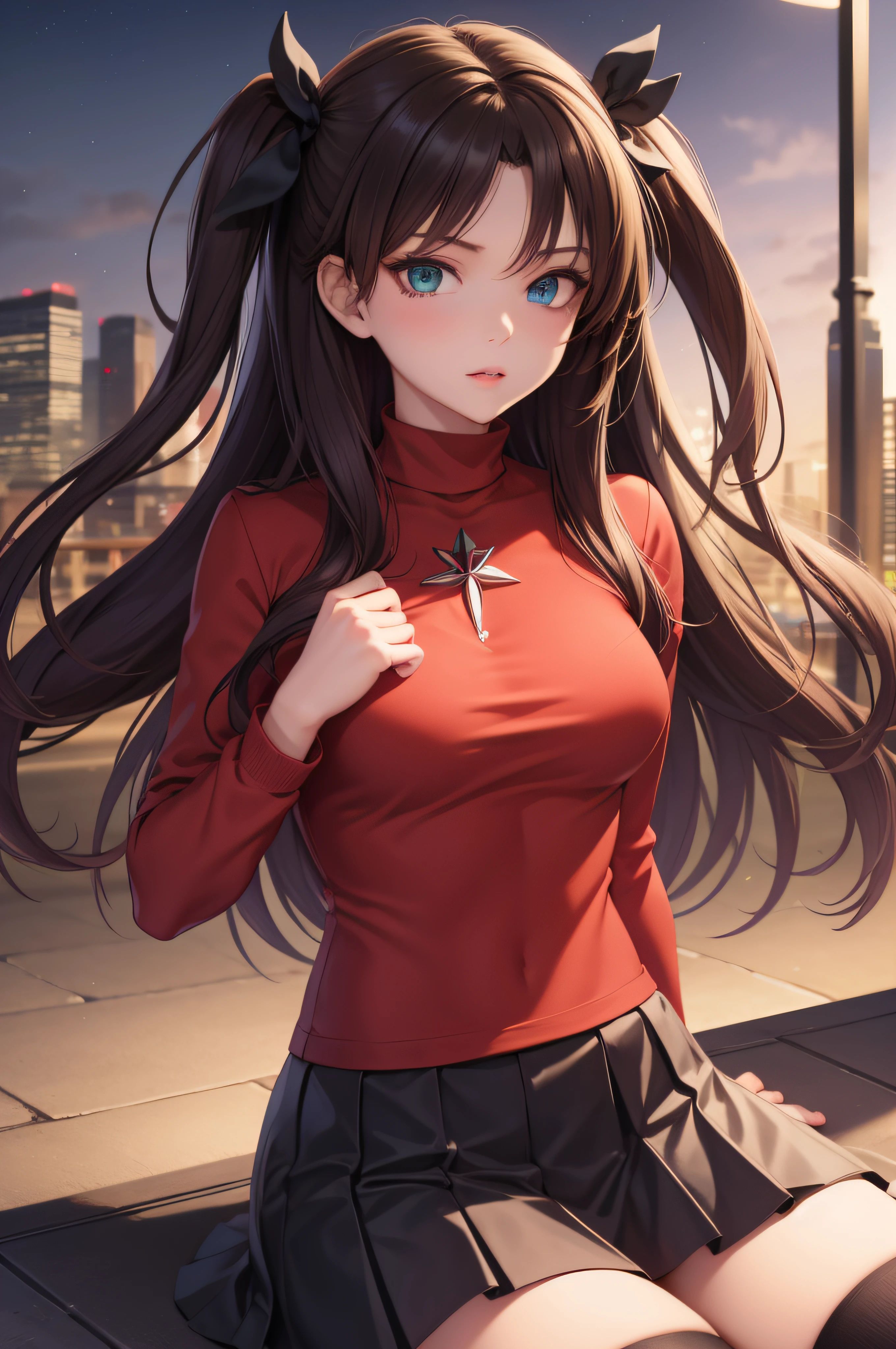 (masterpiece), best quality, expressive eyes, perfect face, 1girl, solo, rintohsaka, rin tohsaka, aqua eyes, black hair, hair ribbon, long hair, ribbon, sidelocks, two side up, black skirt, black thighhighs, long sleeves, miniskirt, pleated skirt, ((red sweater)), skirt, sweater, thighhighs, turtleneck, city background, sitting, upper body, portrait, looking at viewer