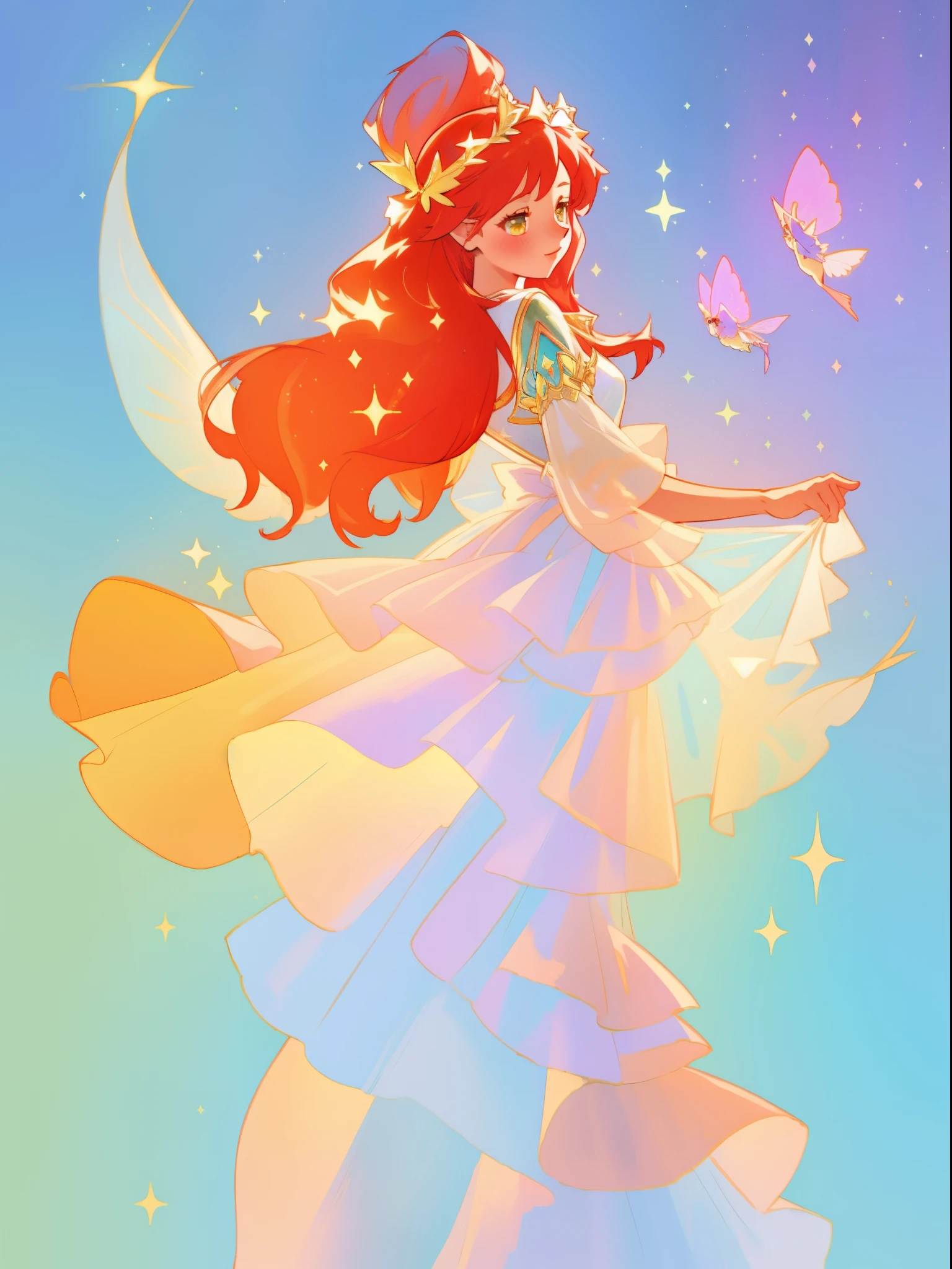 beautiful fairy girl in sparkling white layered dress, puffy flowing dress, sheer fluttering sleeves, ((sparkling sheer layered fairy dress)), long red gold hair, colorful fantasia background, delicate white flowers, watercolor illustration, beautiful, masterpiece, best quality, vibrant pastel colors, colorful, vibrant, sharp focus, highly detailed, intricate details, golden ratio, perfect composition, 8k resolution, perfect, (golden ratio)