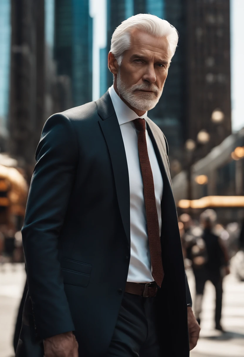 A photo of Logan walking through a bustling city street, surrounded by skyscrapers and a crowd of people.,original,Logan Roy, the fictional patriarch in “Succession,” possesses a commanding presence, characterized by his tall stature, sharp suits that speak to his power and wealth, and an often stern, unyielding facial expression. His aging appearance, marked by a full head of white hair and a penetrating gaze, adds to his intimidating demeanor.