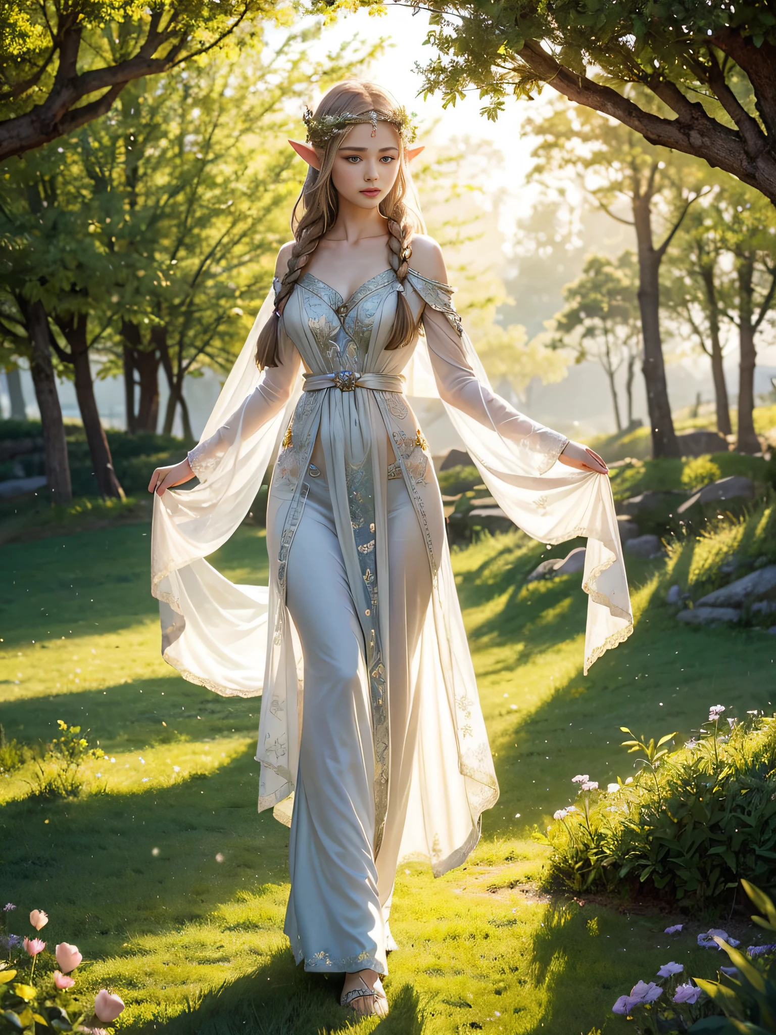 Graceful elven girl standing in meadow, Delicate face illuminated by the soft light of the setting sun. Her long, Flowing hair runs down your back, Decorated with intricate braids、Adorned with sparkling gemstones. This great photo is、、、It captures the ethereal beauty of elves. Slender figure in silk dress、Swaying in the soft steppe breeze. Attention to detail、Face that is、Face that is、Face that is、Face that is、It is evident in the intricate patterns of the dress and the subtle highlights of the luminescence. skin. The breathtaking portrayal of the elven girl is、、、、、Create an enchanting atmosphere、It invites the viewer to a magical world.