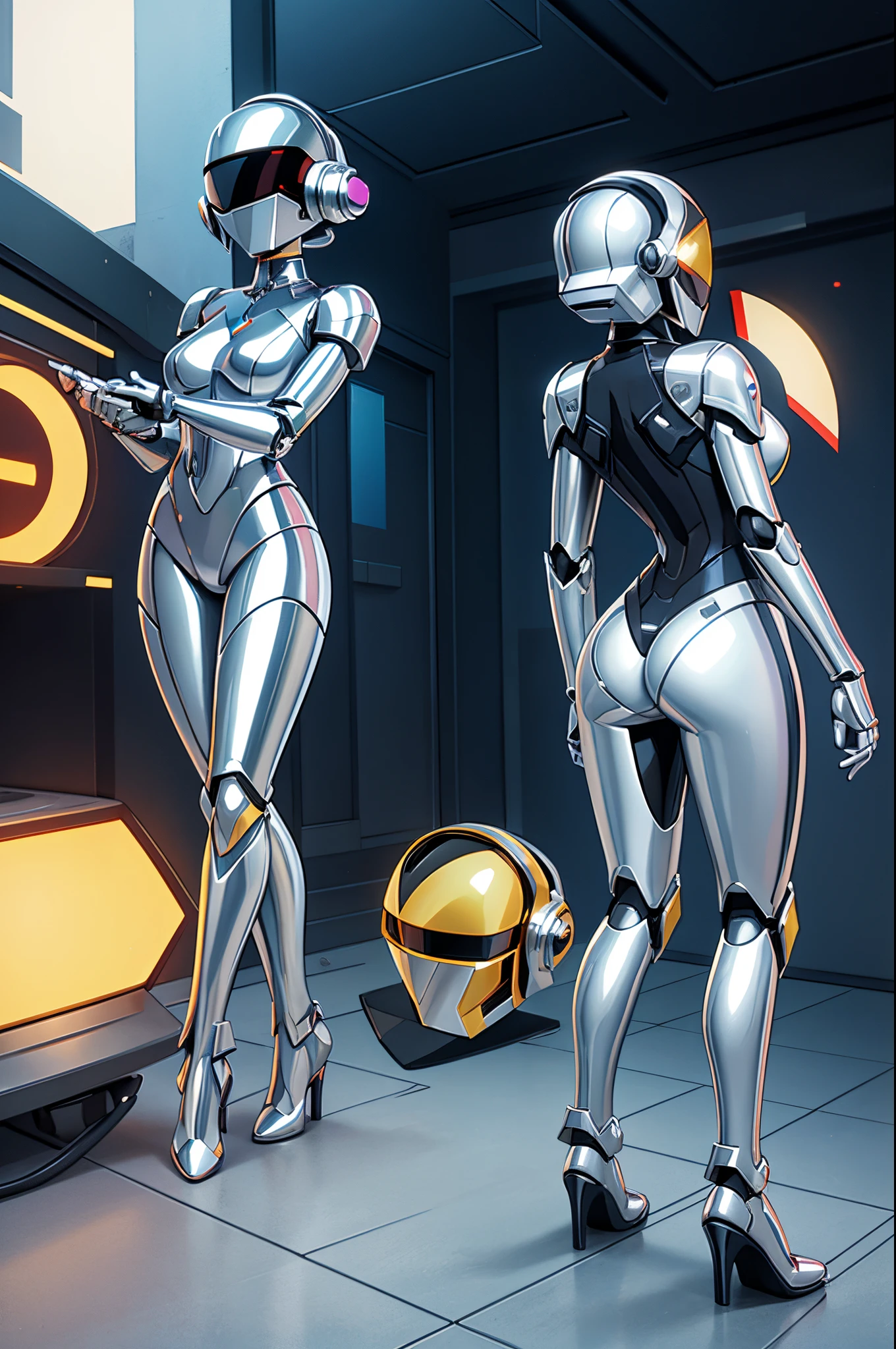 Chrome, robot woman, Hajime Sorayama, sensual, full-body, daft punk helmet