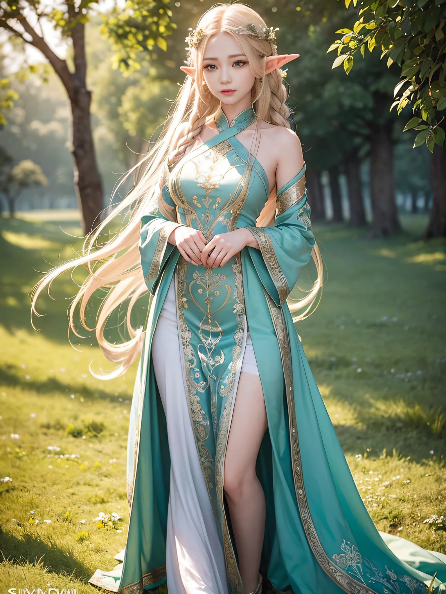 Graceful elven girl standing in meadow, Delicate face illuminated by the soft light of the setting sun. Her long, Flowing hair runs down your back, Decorated with intricate braids、Adorned with sparkling gemstones. This great photo is、、、It captures the ethereal beauty of elves. Slender figure in silk dress、Swaying in the soft steppe breeze. Attention to detail、Face that is、Face that is、Face that is、Face that is、It is evident in the intricate patterns of the dress and the subtle highlights of the luminescence. skin. The breathtaking portrayal of the elven girl is、、、、、Create an enchanting atmosphere、It invites the viewer to a magical world.