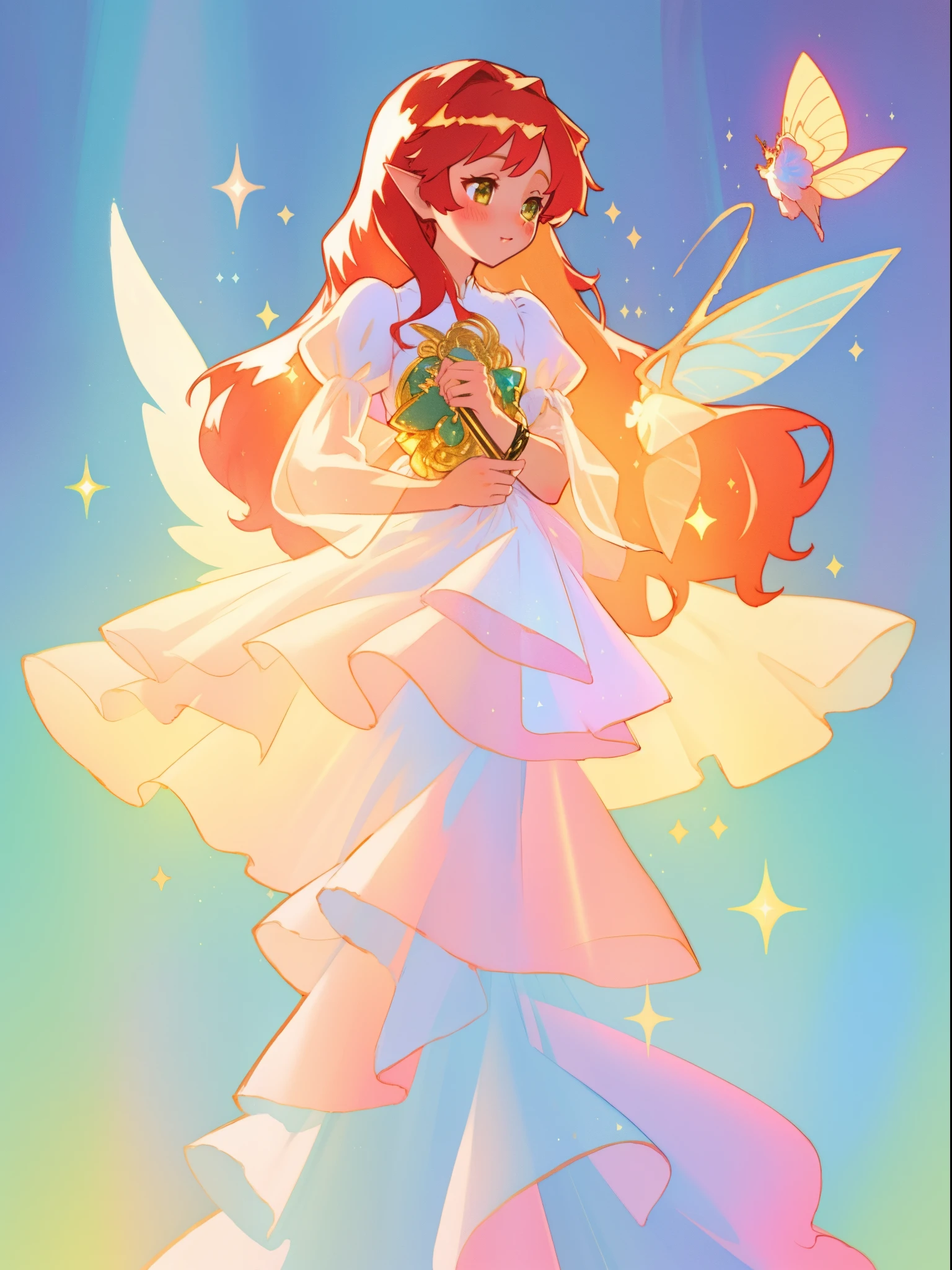 beautiful fairy girl in sparkling white layered dress, puffy flowing dress, sheer fluttering sleeves, ((sparkling sheer layered fairy dress)), long red gold hair, colorful fantasia background, delicate white flowers, watercolor illustration, beautiful, masterpiece, best quality, vibrant pastel colors, colorful, vibrant, sharp focus, highly detailed, intricate details, golden ratio, perfect composition, 8k resolution, perfect, (golden ratio)