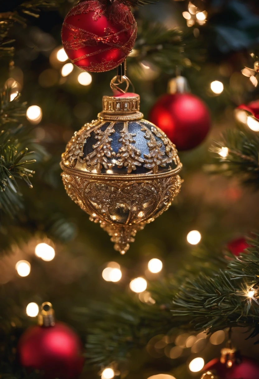 Capture a close-up shot of the intricate decorations on an outdoor Christmas tree, highlighting the delicate ornaments and sparkling lights