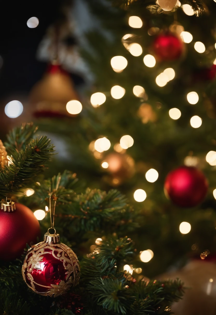 Capture a close-up shot of the intricate decorations on an outdoor Christmas tree, highlighting the delicate ornaments and sparkling lights