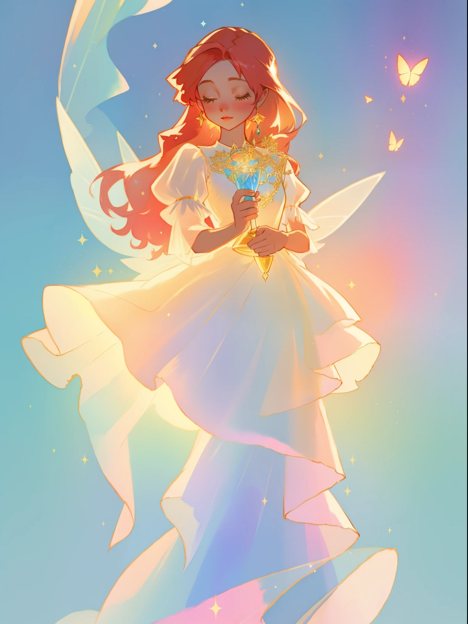 beautiful fairy girl in sparkling white layered dress, puffy flowing dress, sheer fluttering sleeves, ((sparkling sheer layered fairy dress)), long red gold hair, colorful fantasia background, delicate white flowers, watercolor illustration, beautiful, masterpiece, best quality, vibrant pastel colors, colorful, vibrant, sharp focus, highly detailed, intricate details, golden ratio, perfect composition, 8k resolution, perfect, (golden ratio)