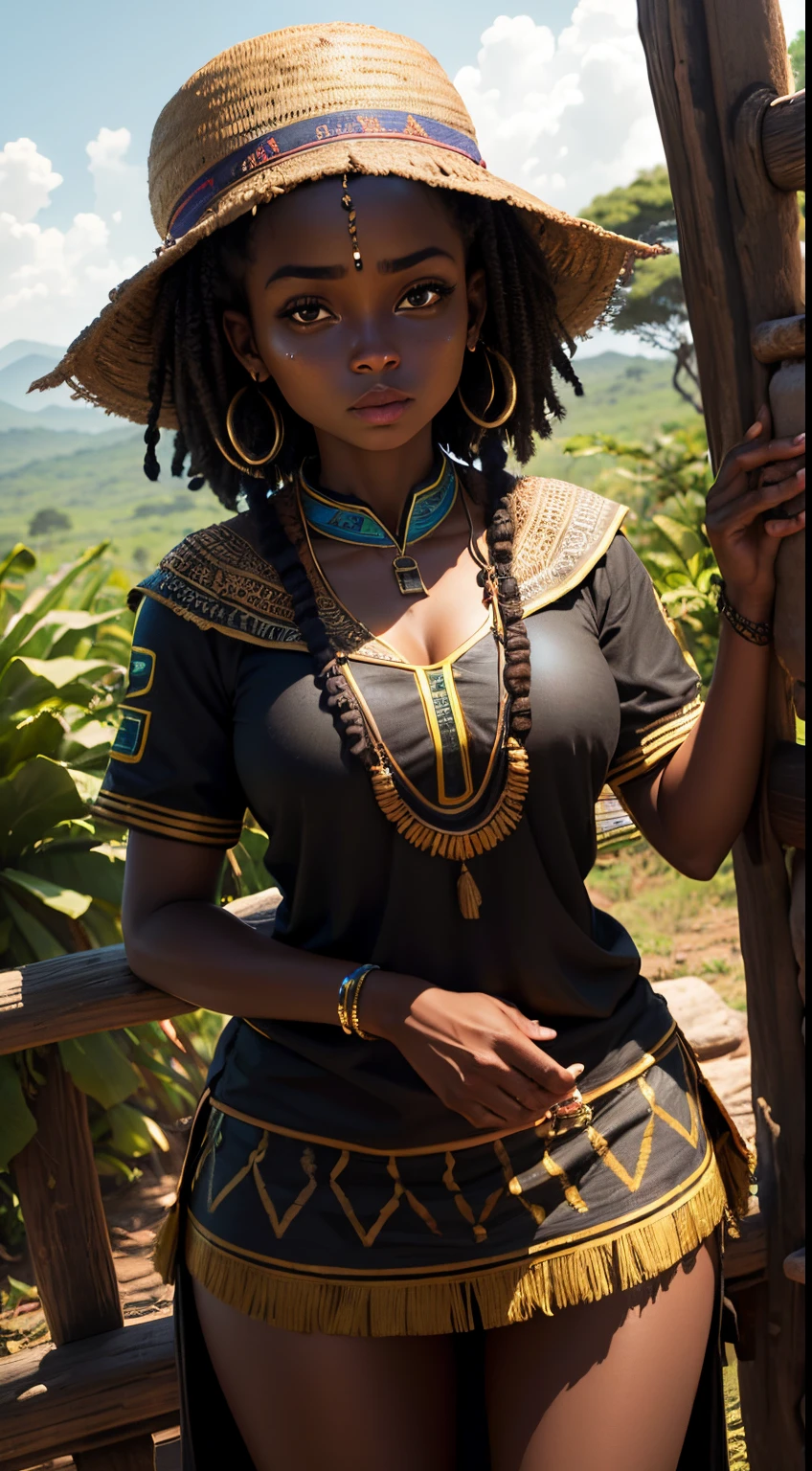 peituda (Menina africana, pele negra:1.1), seminua, roupas da selva, master part, 4k, HDR, High detail