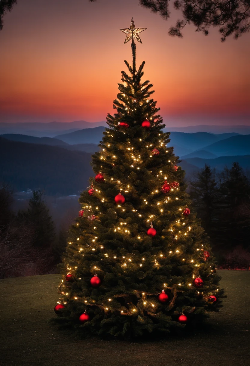 Capture a low-angle shot of an outdoor Christmas tree against a vibrant sunset or twilight sky, creating a stunning contrast between nature and man-made beauty.