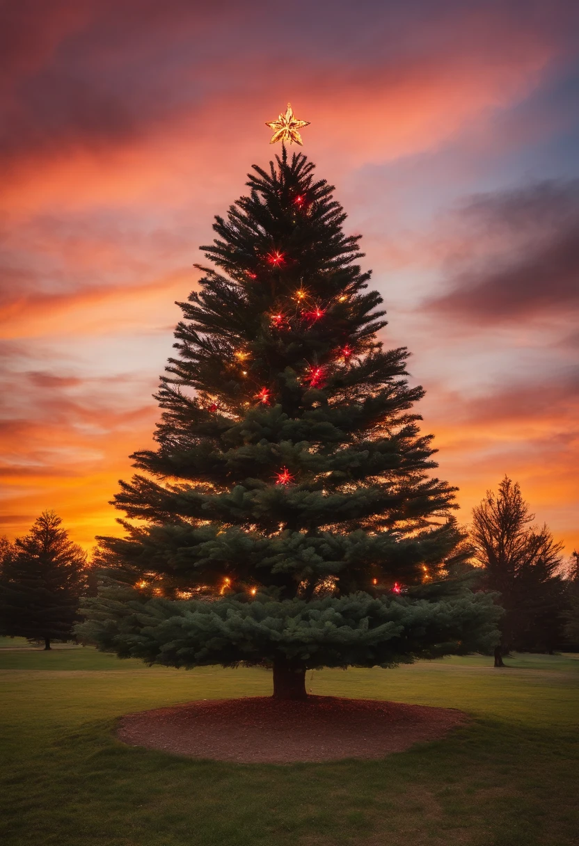 Capture a low-angle shot of an outdoor Christmas tree against a vibrant sunset or twilight sky, creating a stunning contrast between nature and man-made beauty.