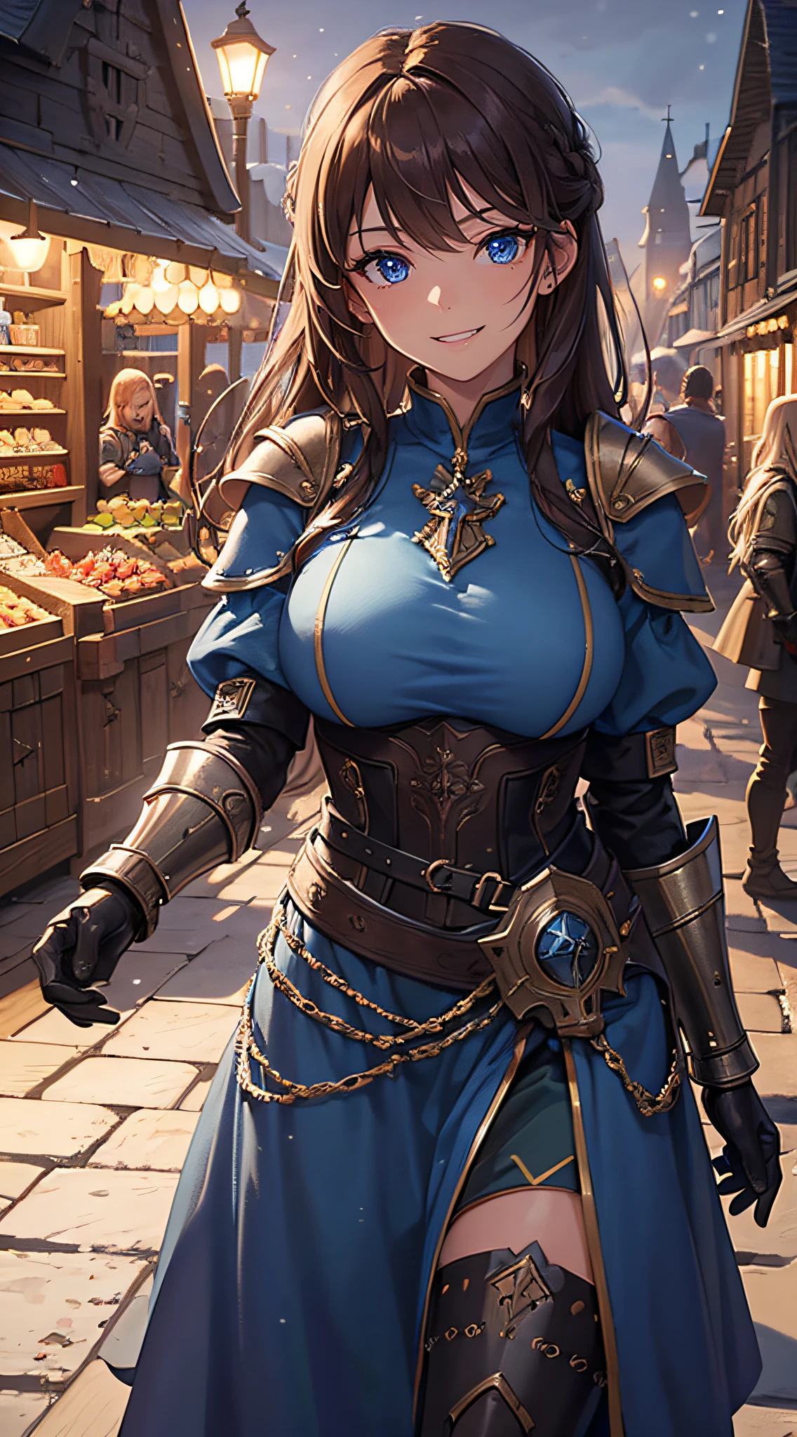 ((Extremely detailed)), 4K, ((cinematic lighting)), Close up, fantasy world, medieval, cobblestone city, wooden stone houses, snow, marketplace, market stalls, adult woman, royal guard, long brown hair, blue eyes, ((beautiful eyes)), happy look, grin, blue tunic, armor, steel plate shoulders, gauntlets, chainmail, big breasts
