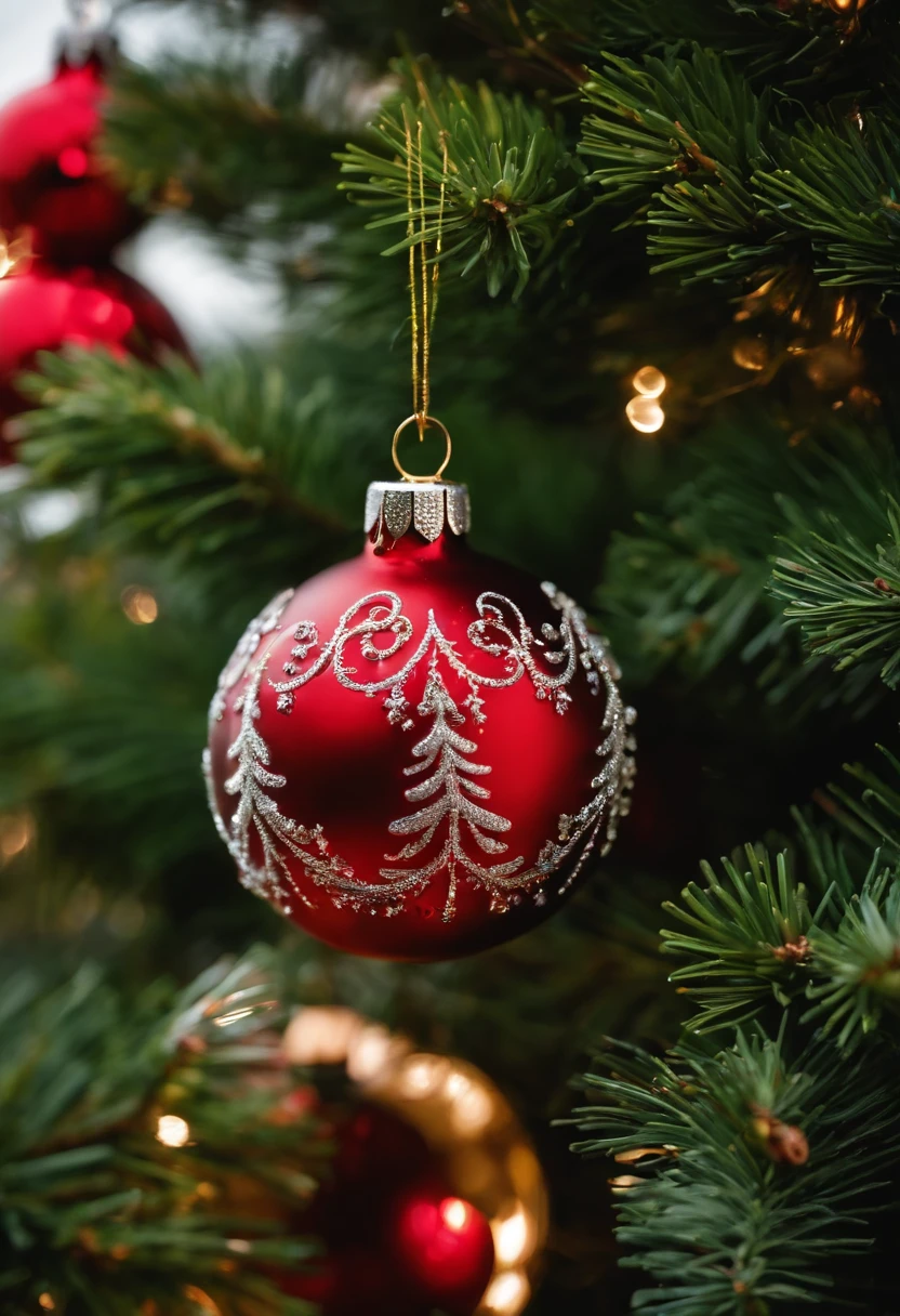 Capture a detail shot of the ornaments on an outdoor Christmas tree, showcasing their unique designs, colors, and textures.