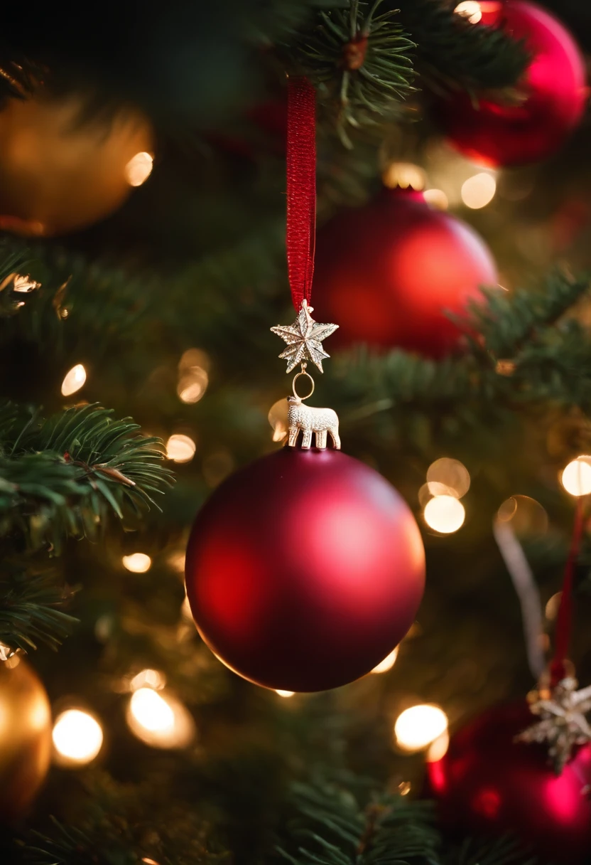 Capture a detail shot of the ornaments on an outdoor Christmas tree, showcasing their unique designs, colors, and textures.