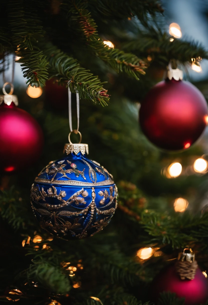 Capture a detail shot of the ornaments on an outdoor Christmas tree, showcasing their unique designs, colors, and textures.