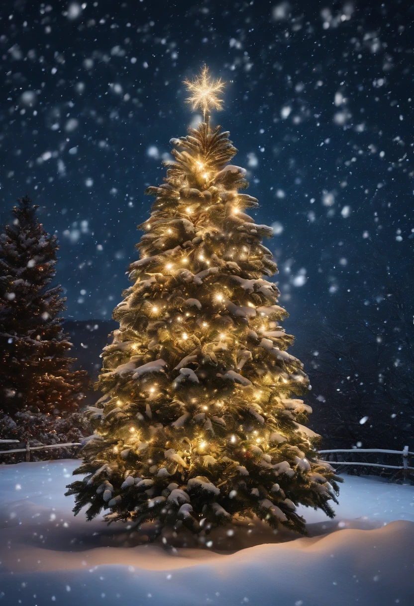 Capture a creative shot of an outdoor Christmas tree surrounded by falling snowflakes, evoking a sense of winter wonderland magic.