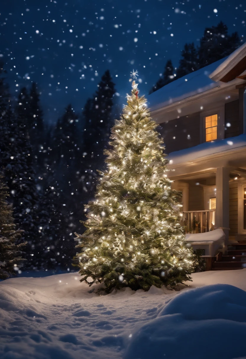 Capture a creative shot of an outdoor Christmas tree surrounded by falling snowflakes, evoking a sense of winter wonderland magic.