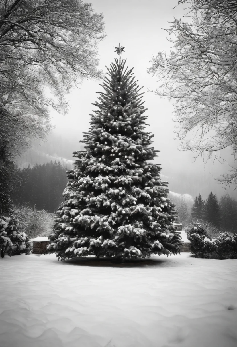 Capture a black and white image of an outdoor Christmas tree, adding a touch of timeless elegance and nostalgia to the photo