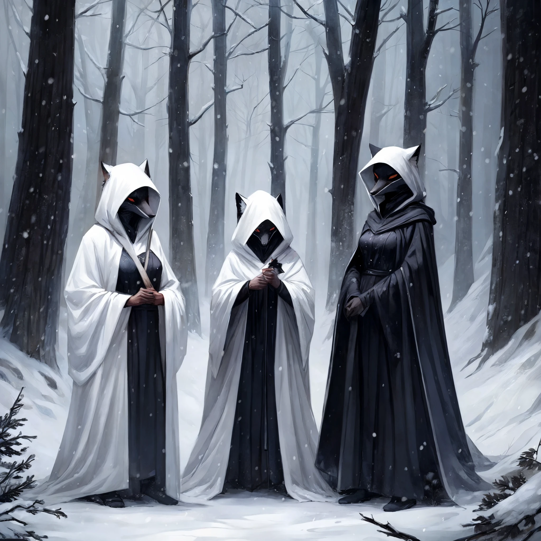 Hooded cultists wearing black fox masks, fox women, fox, anthro, females, cleavage, white cloaks, dark forest, overcast, snow, by bebebebebe