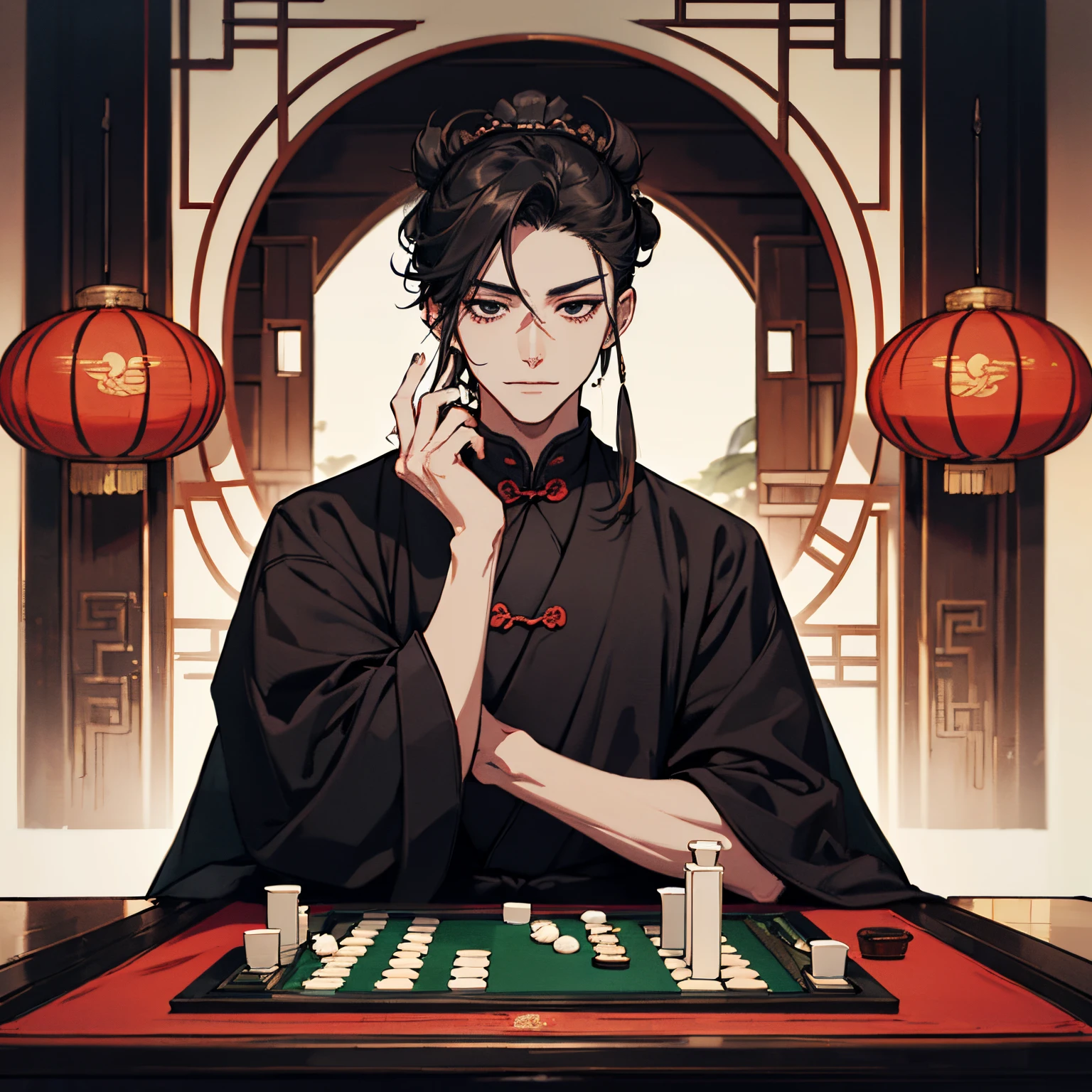 ember, plays go, go board,  sitting at the table, places a go chip, Chinese mian on the head, mianguan, mianguan on the head, cylindrical tung wood crown with canopy, bun in hair, tuft,black robes, hanfu, , black  hair, black eyes, Skinny face, manly, A young, emperor, sovereign, relaxed pose, Haughty, smirk, pale, ancient China, All, Xianxia, self improvement, Chinese room, sitting on the floor at a low table, chinese table, Dark Colors, scary atmosphere, painting in cool colors, Dark tones