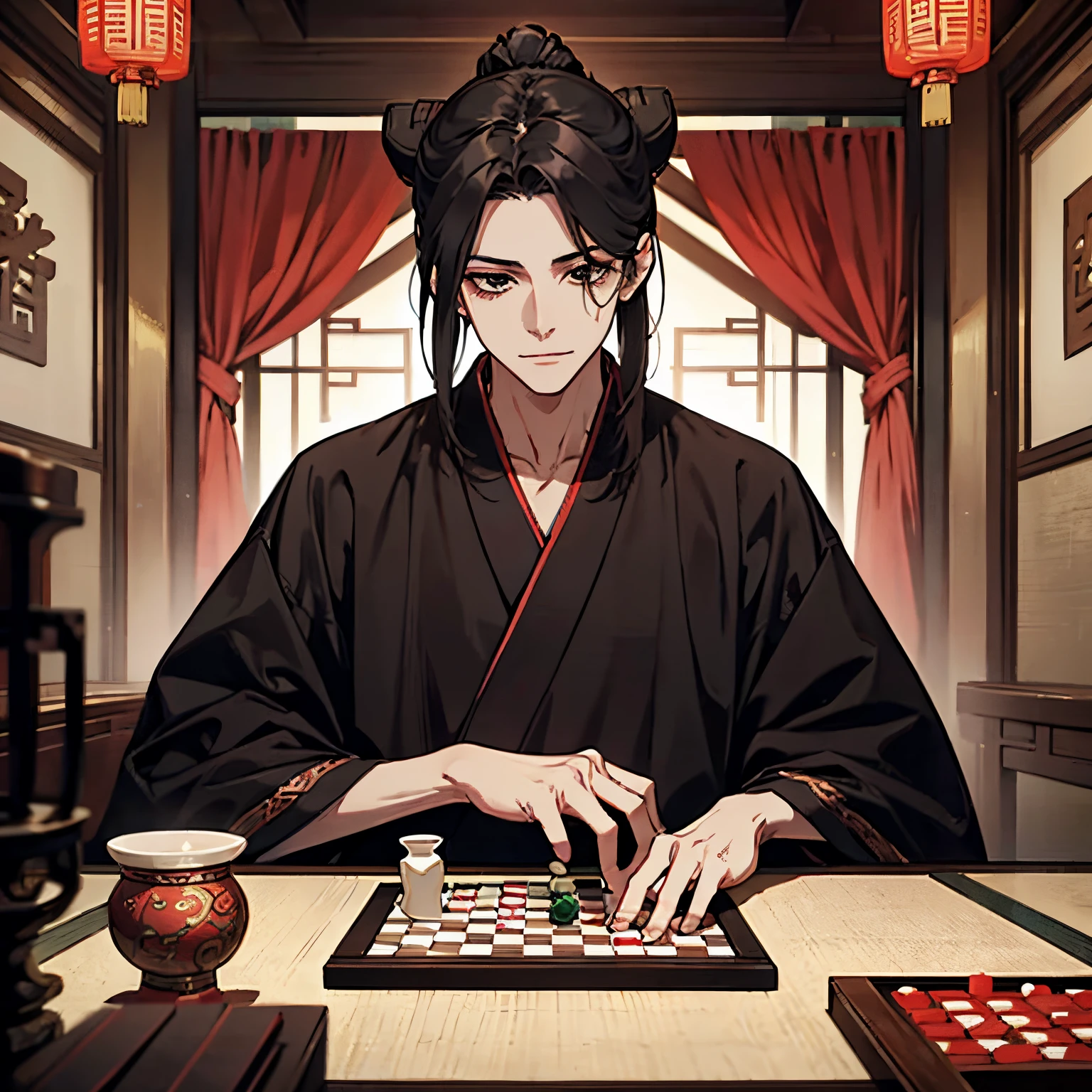 ember, plays go, go board, sitting at the table, places a go chip, Chinese mian on the head, mianguan, mianguan on the head, cylindrical tung wood crown with canopy, bun in hair, tuft,black robes, hanfu, , black hair, black eyes, Skinny face, manly, A young, emperor, sovereign, relaxed pose, Haughty, smirk, pale, ancient China, All, Xianxia, self improvement, Chinese room, sitting on the floor at a low table, chinese table, Dark Colors, scary atmosphere, painting in cool colors, Dark tones