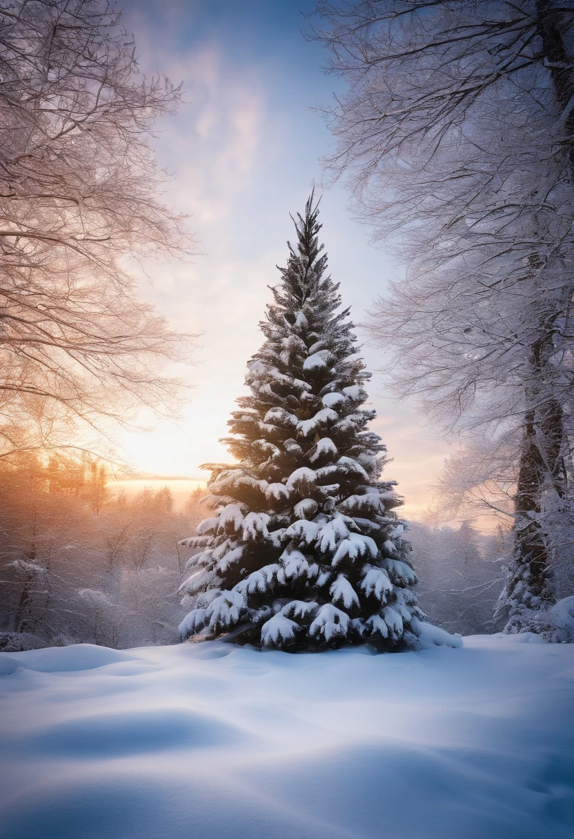 Capture a wide-angle shot of an outdoor Christmas tree in a snowy landscape, creating a serene and enchanting winter scene.