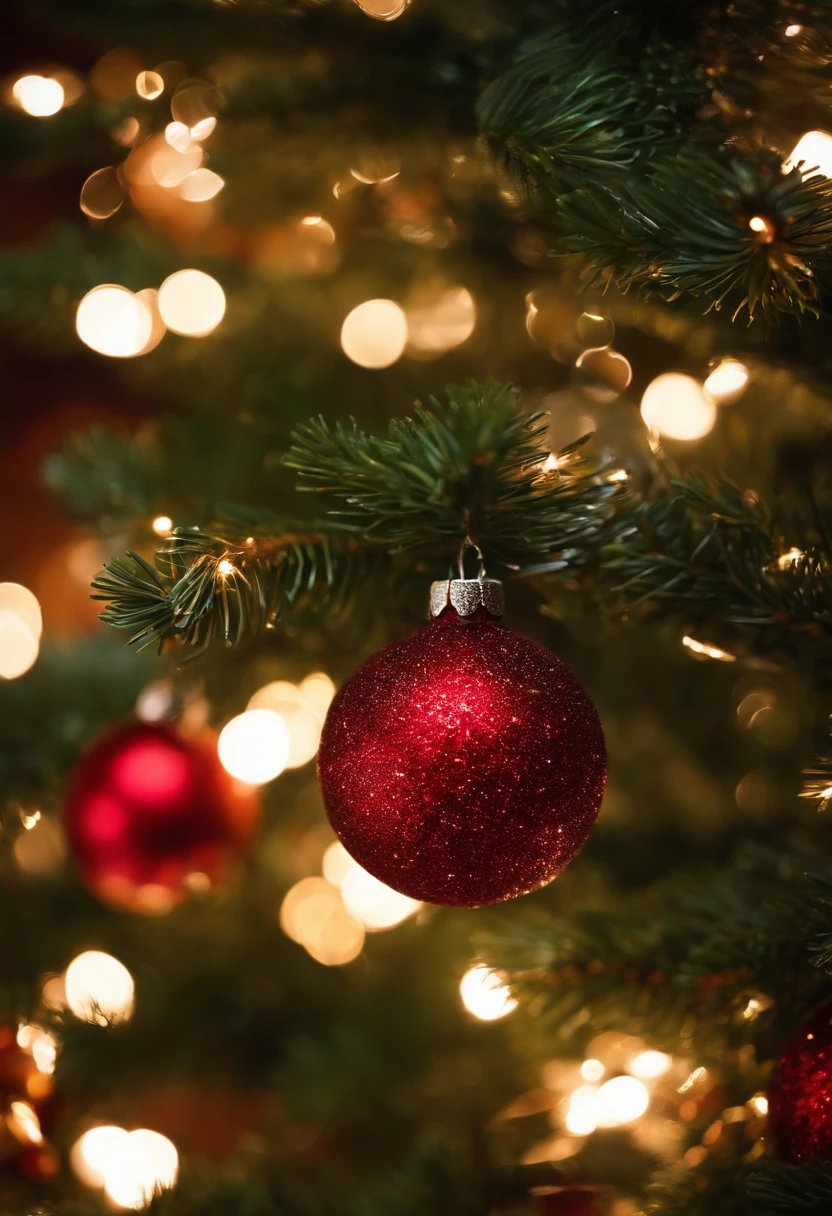 Capture a close-up shot of the twinkling lights on an outdoor Christmas tree, capturing their mesmerizing glow and creating a bokeh effect