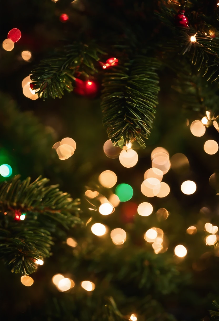 Capture a close-up shot of the twinkling lights on an outdoor Christmas tree, capturing their mesmerizing glow and creating a bokeh effect